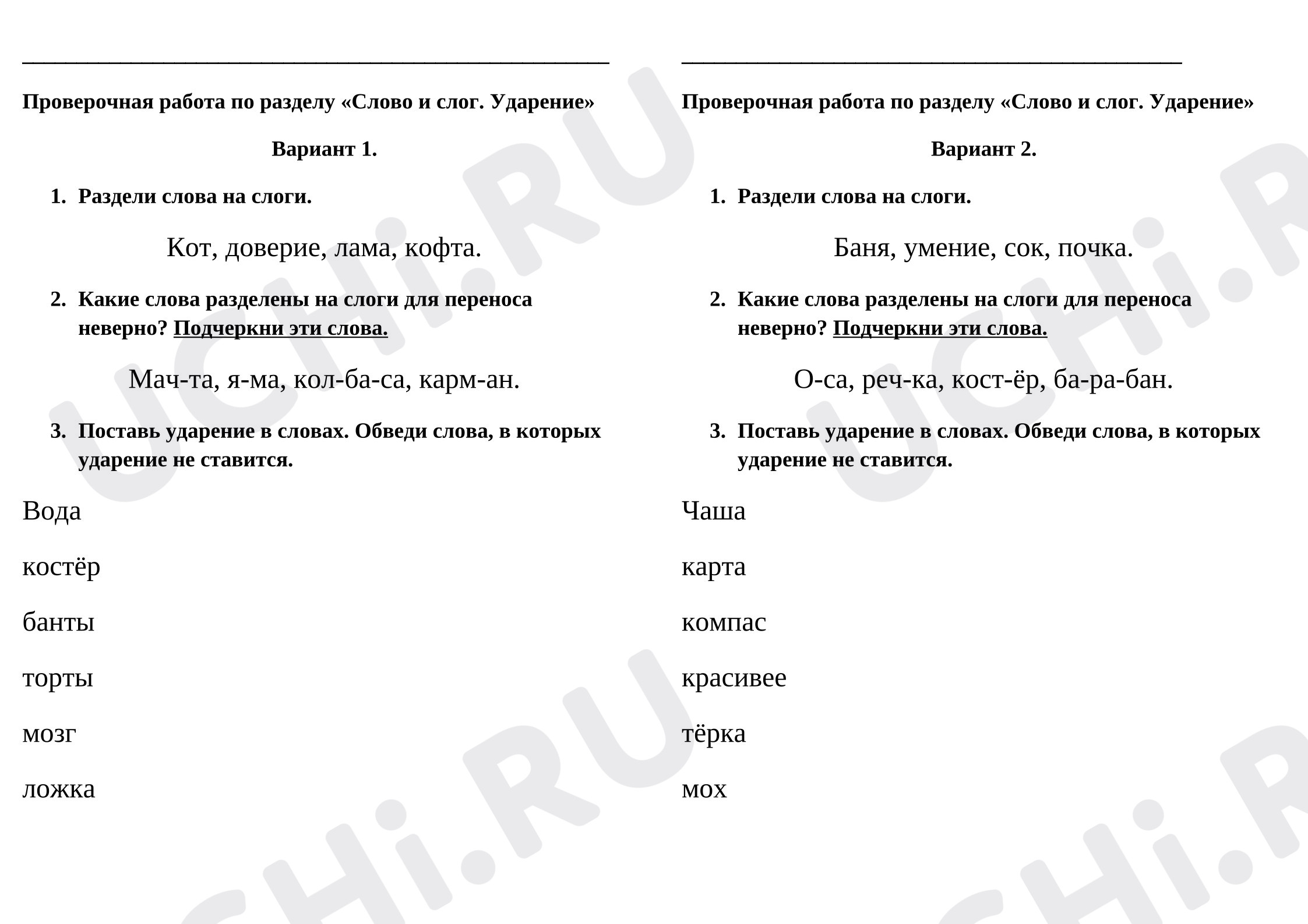 Предпросмотр материала Проверочная работа по русскому языку по разделу. Слово и слог. Ударение.