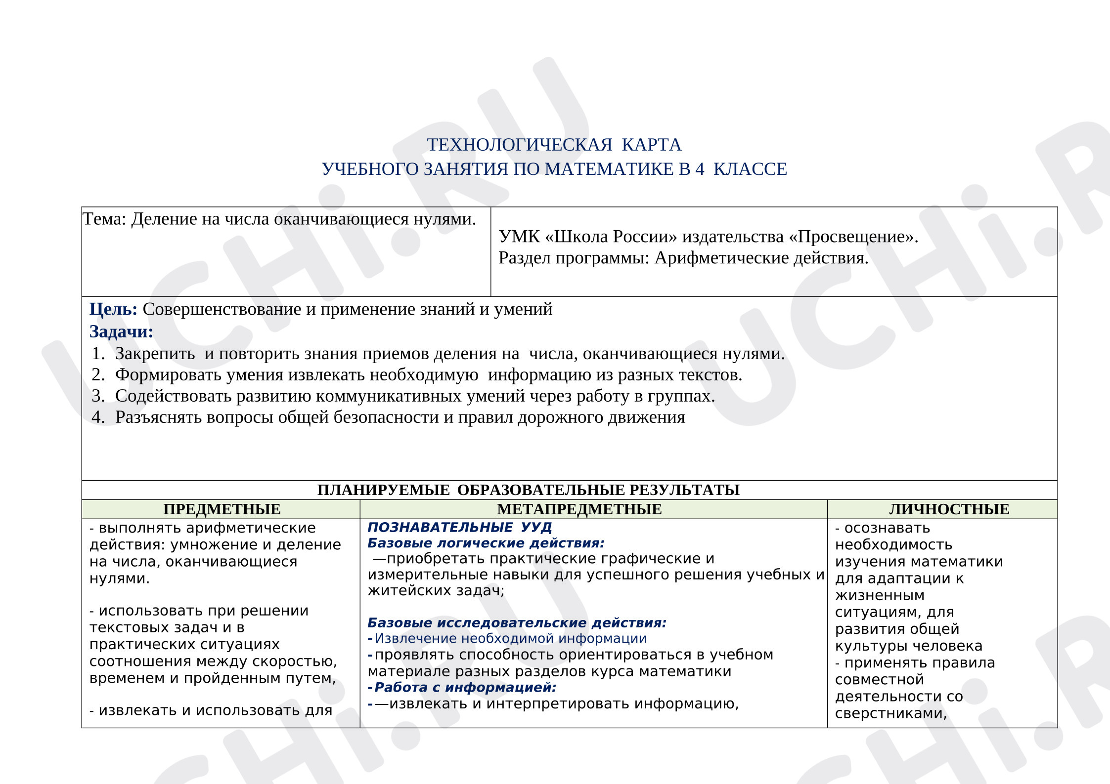 Предпросмотр материала Технологическая карта урока математики. Деление.