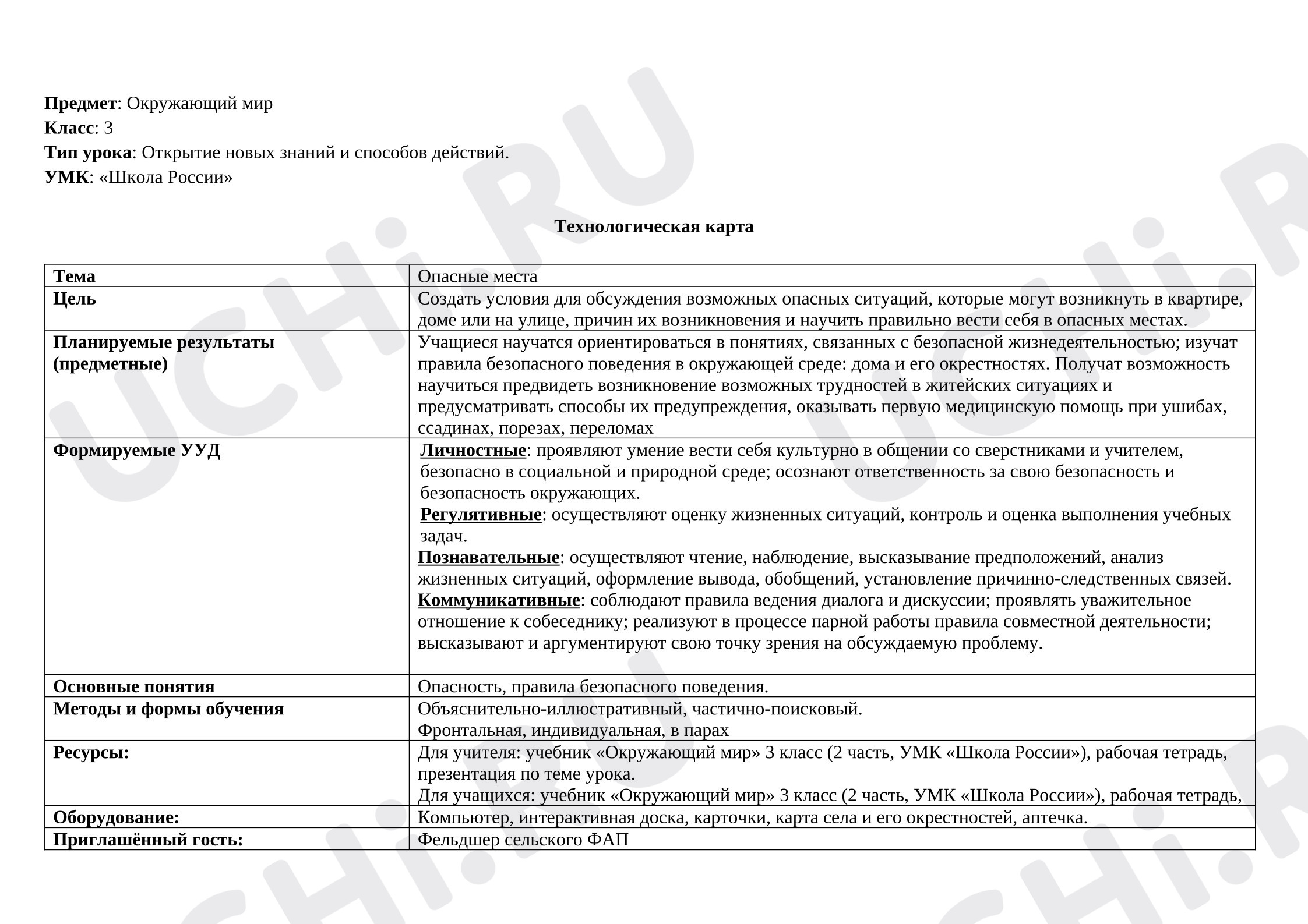 Предпросмотр материала Технологическая карта урока окружающего мира «Опасные места»