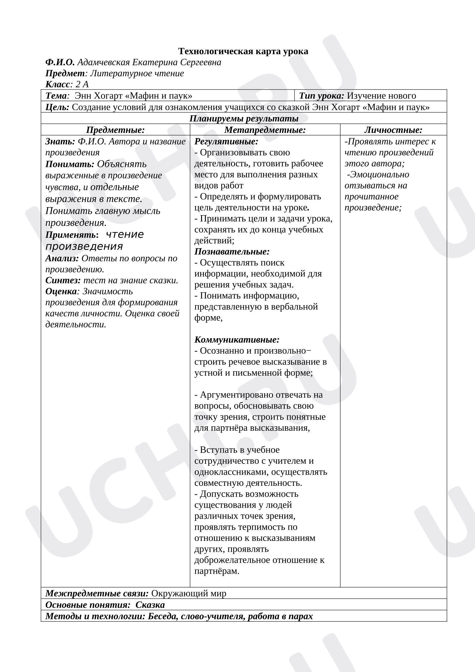 Предпросмотр материала Методическая разработка урока литературного чтения во 2 классе Энн Хогарт «Мафин и паук»