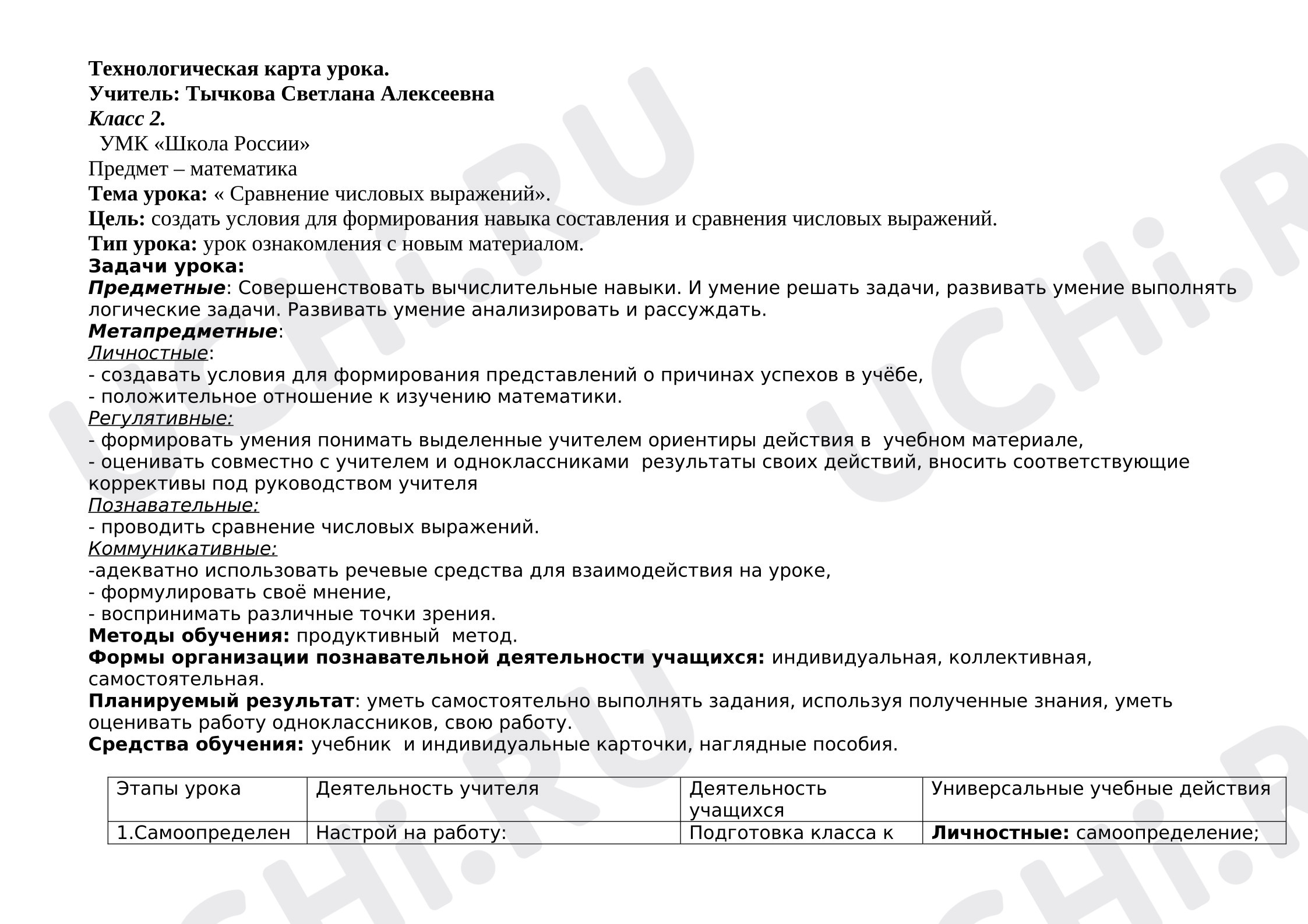 Предпросмотр материала Технологическая карта урока математики. Сравнение выражений.