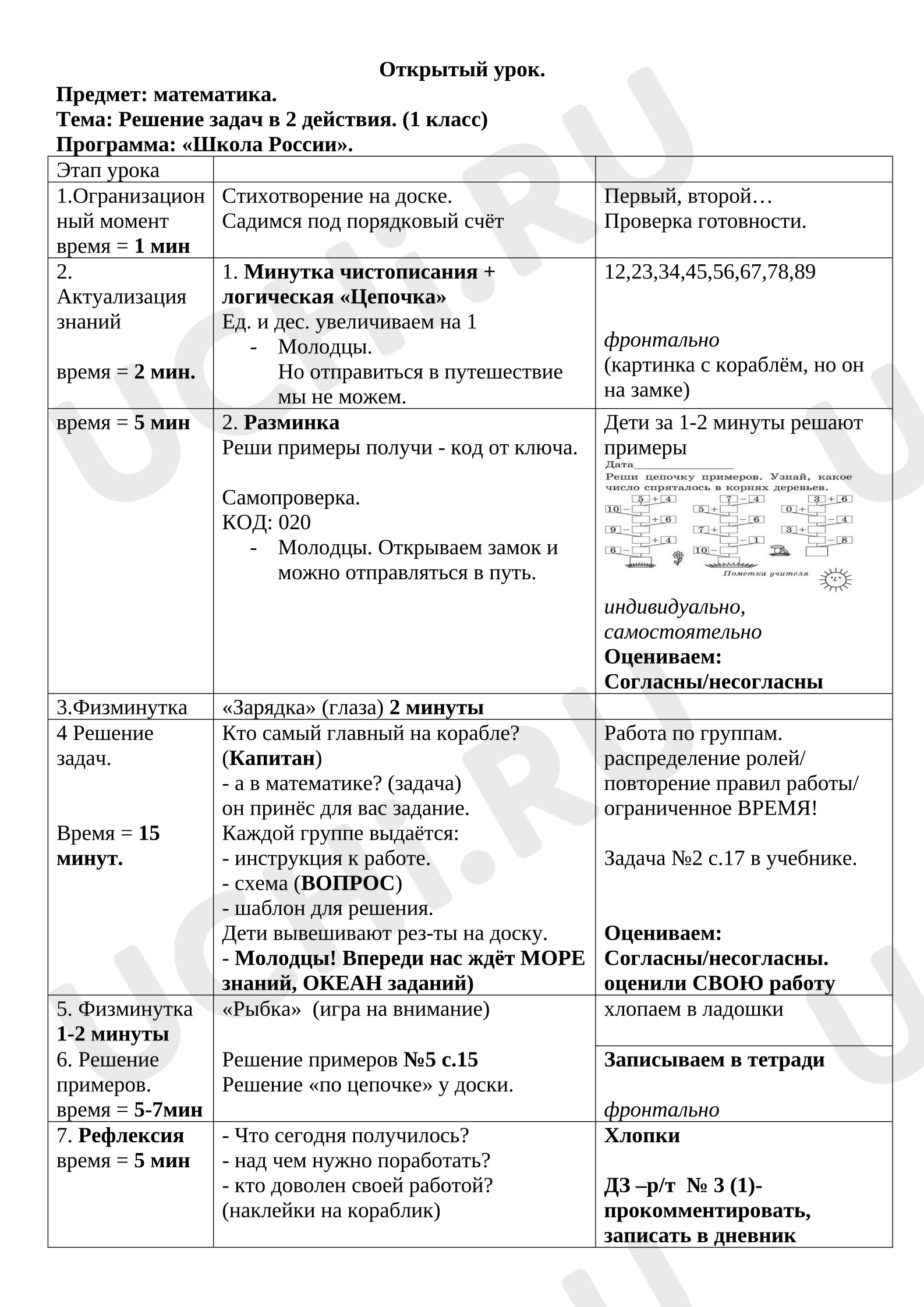 Предпросмотр материала План урока математики. Решение задач в 2 действия
