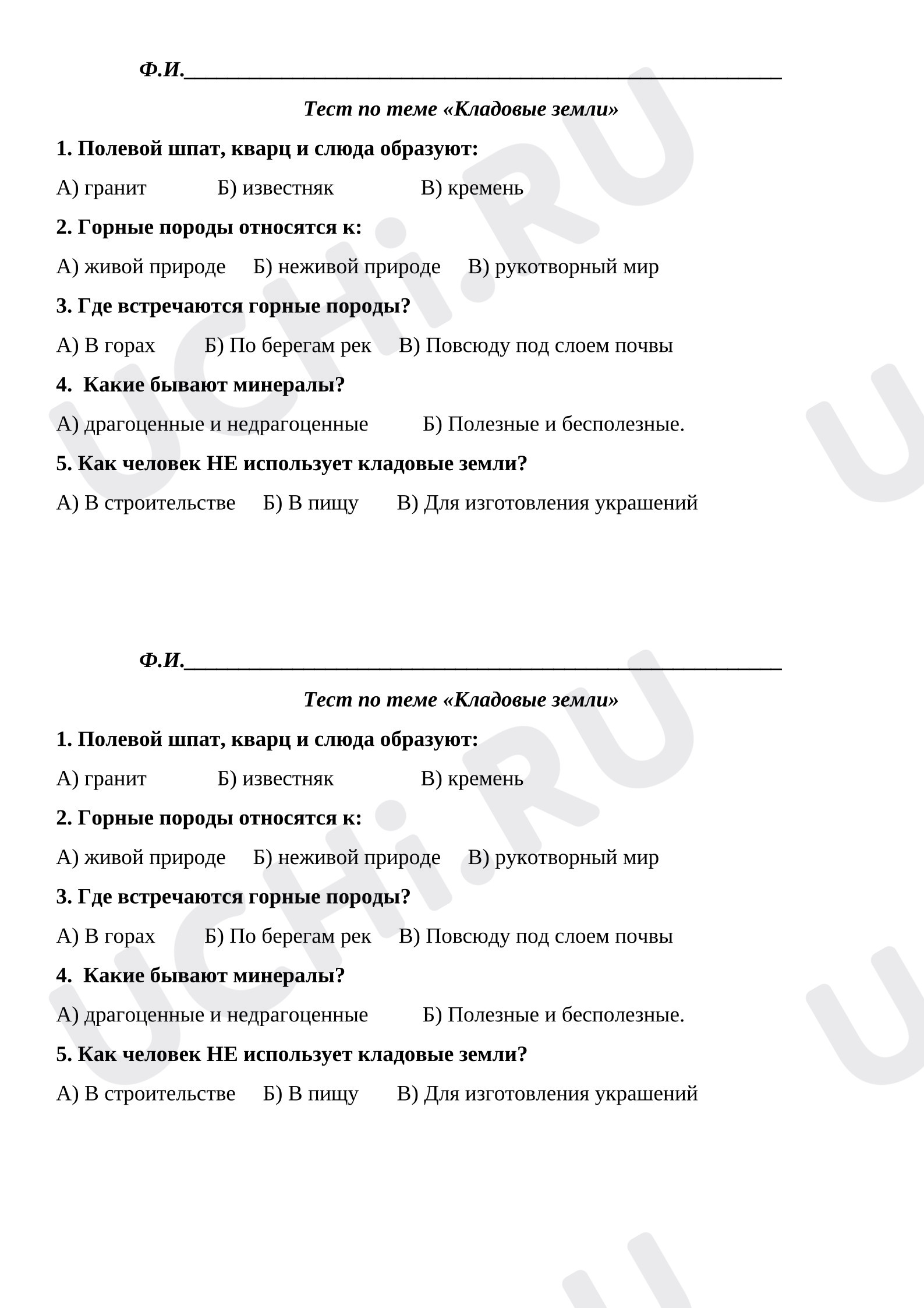 Предпросмотр материала Проверочная работа к уроку окружающего мира. Тест по теме «Кладовые земли».
