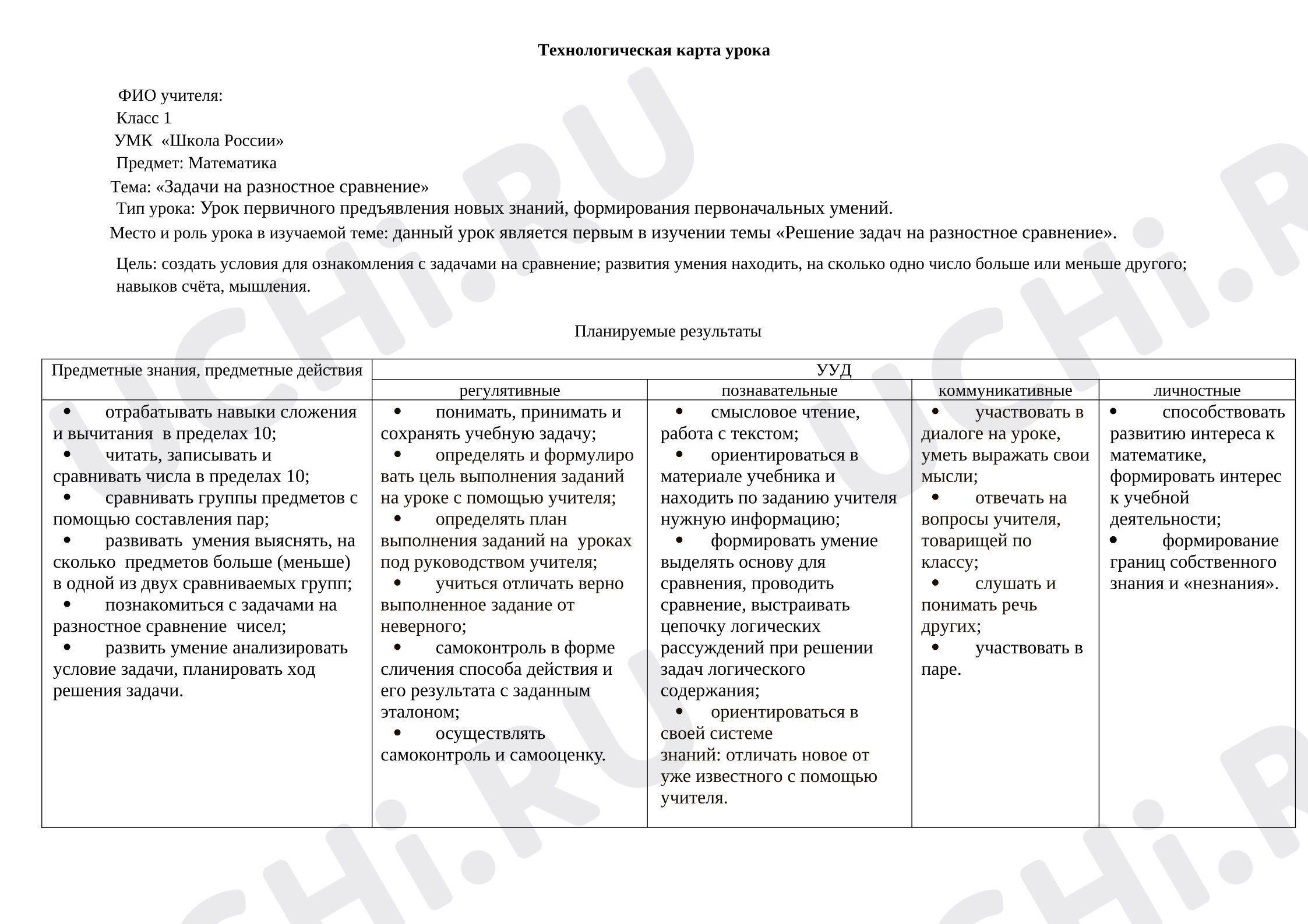 Предпросмотр материала Технологическая карта урока: "Задачи на разностное сравнение".