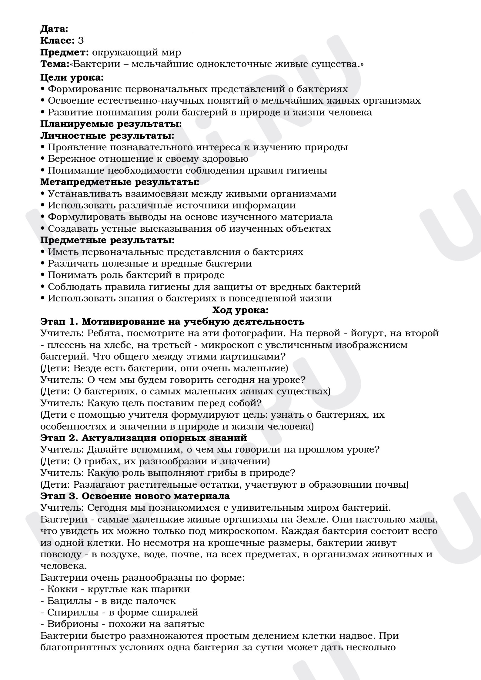 Предпросмотр материала Урок окружающего мира по теме: Бактерии