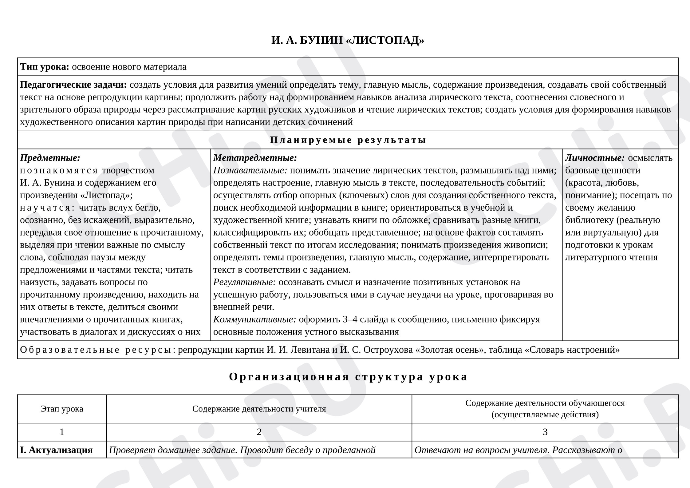 Предпросмотр материала Конспект урока литературного чтения И. А. Бунин «Листопад»