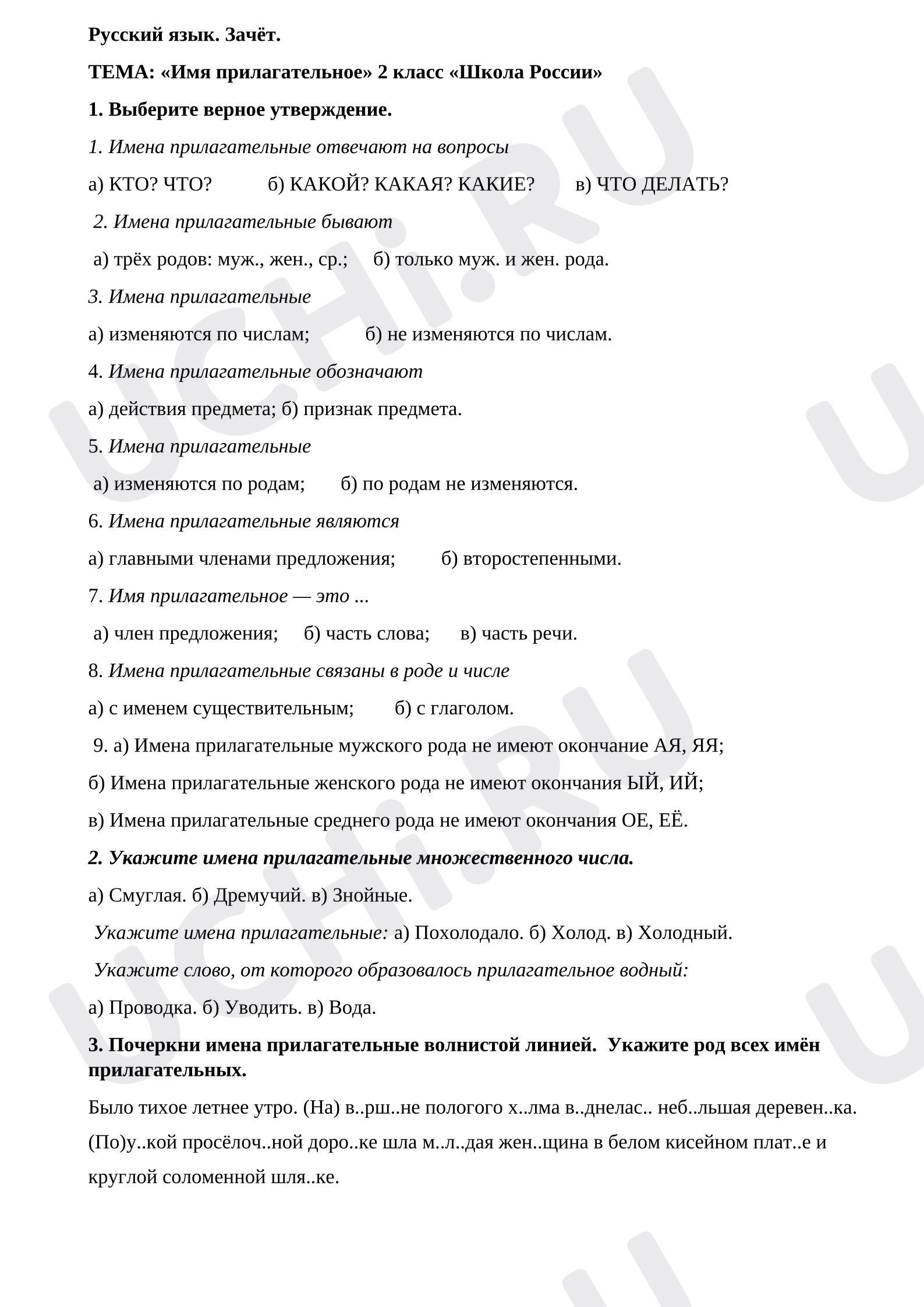 Предпросмотр материала Проверочная работа по русскому языку. Зачёт по теме "Имя прилагательное"