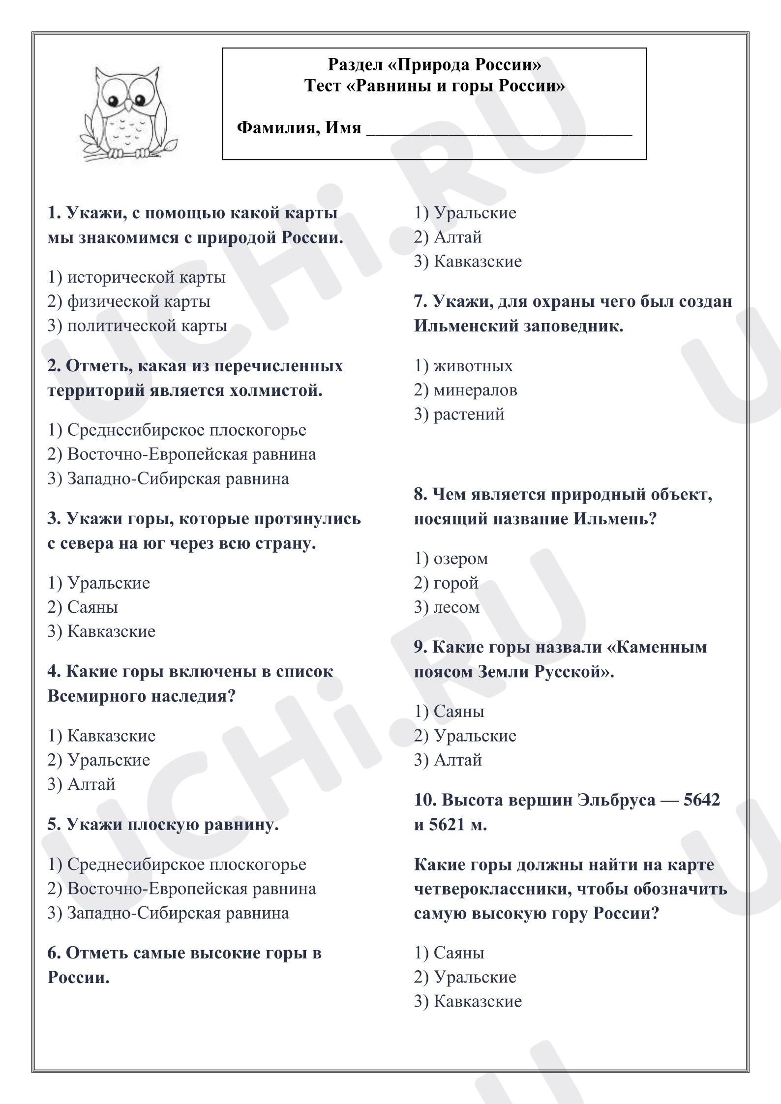 Предпросмотр материала Проверочная работа к уроку окружающего мира. Тест «Равнины и горы России».