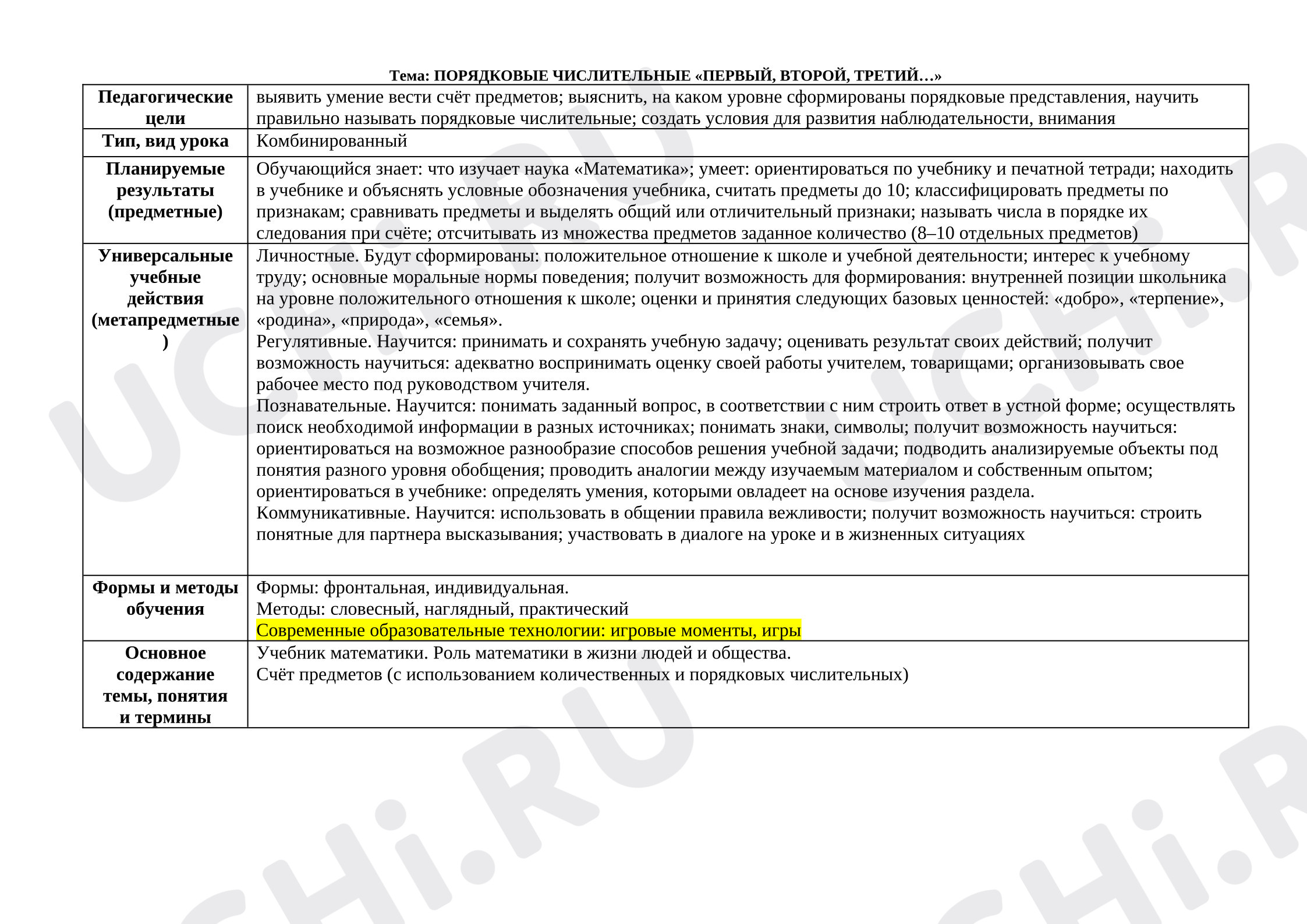 Предпросмотр материала Конспект урока математики в 1 классе на тему «Первый, второй,....»