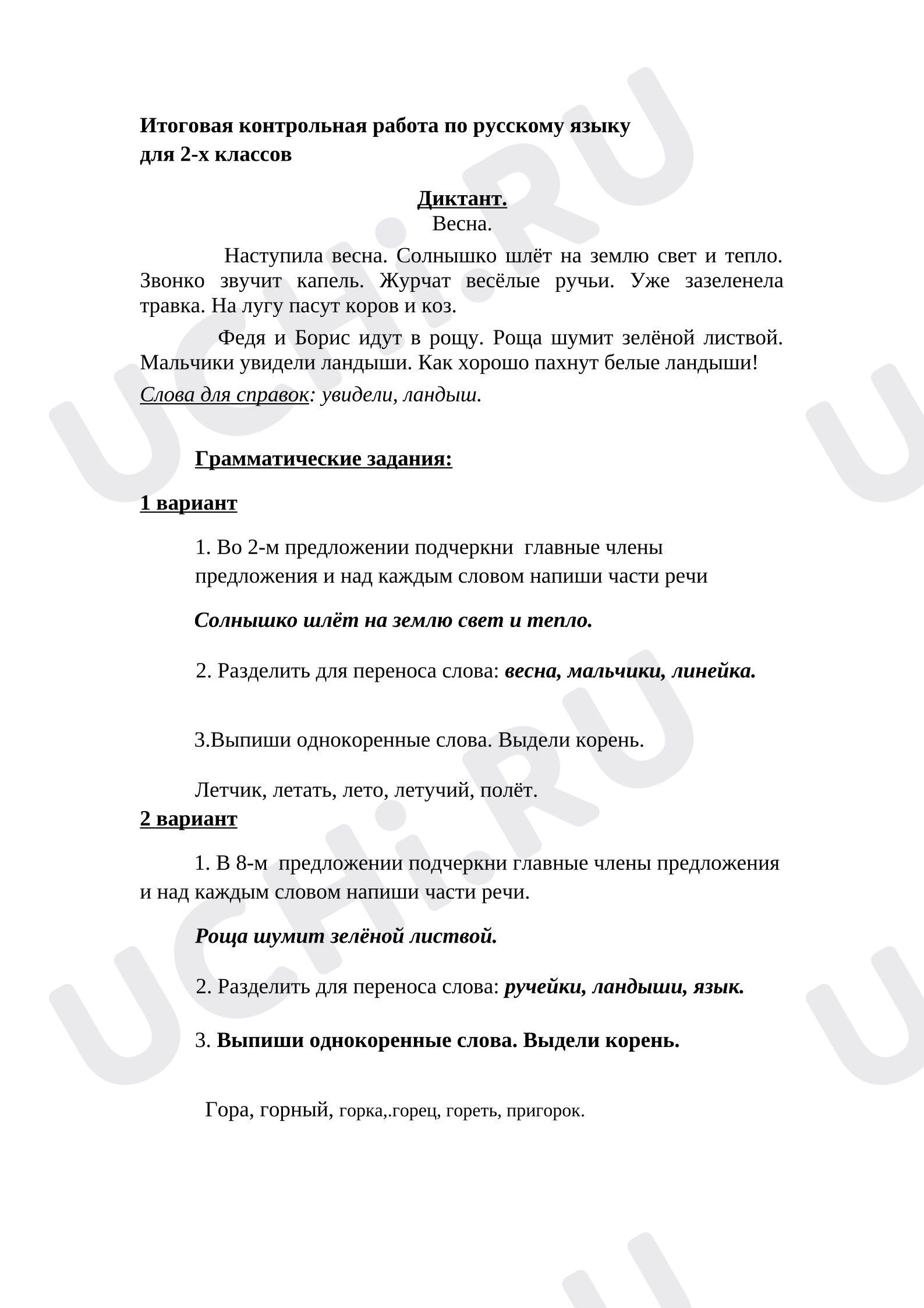 Предпросмотр материала Итоговая диагностическая работа за год по русскому языку для 2-го класса