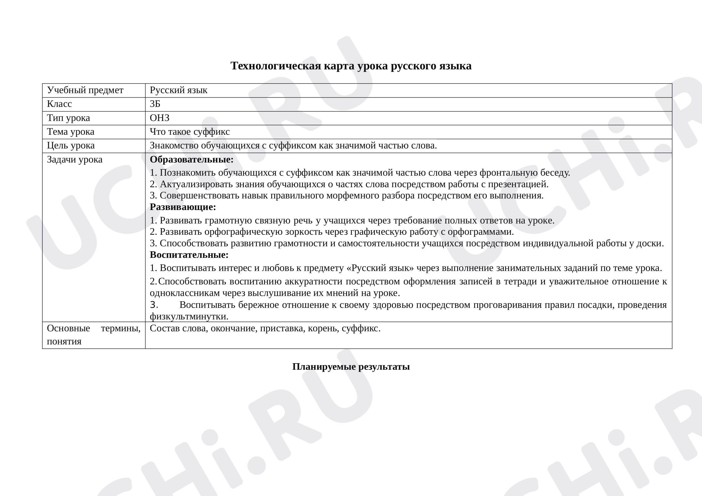 Предпросмотр материала План урока русского языка по теме: Что такое суффикс