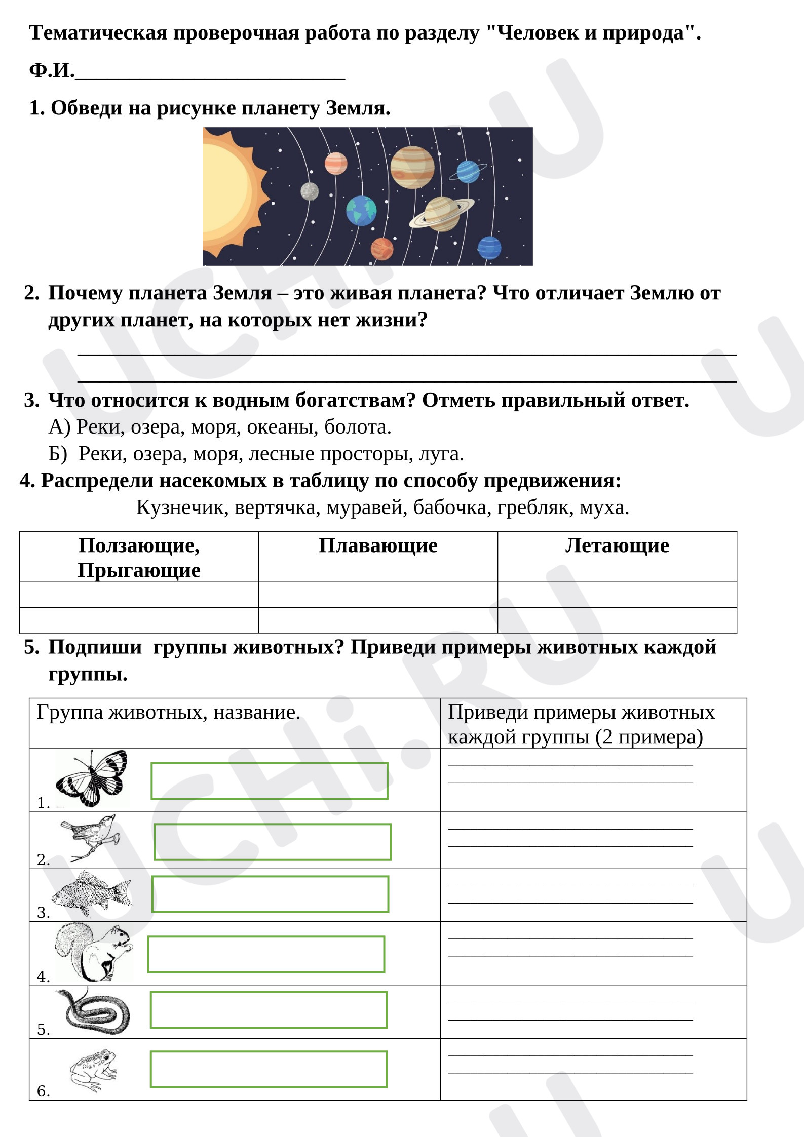 Предпросмотр материала Тематическая проверочная работа к уроку окружающего мира по разделу «Человек и природа».