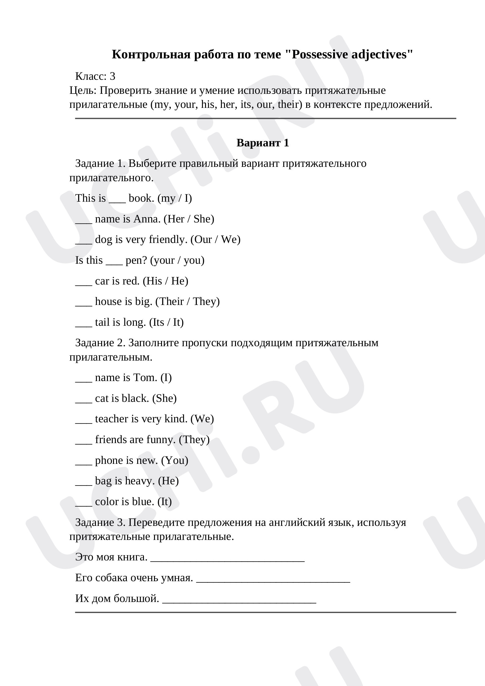 Предпросмотр материала Контрольная работа по теме "Possessive adjectives"