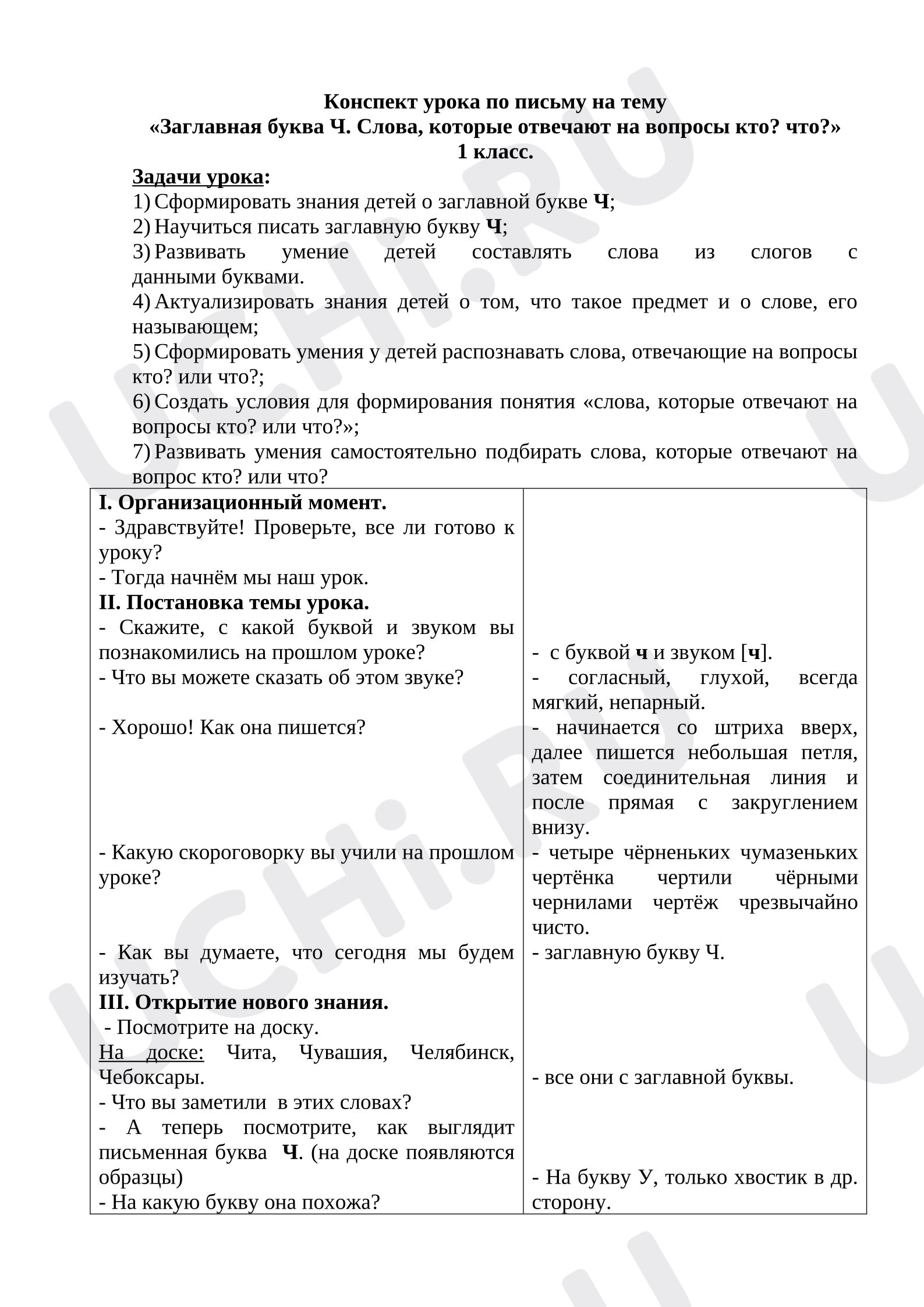 Предпросмотр материала Конспект урока письма «Заглавная буква Ч. Слова, которые отвечают на вопросы кто? что?»