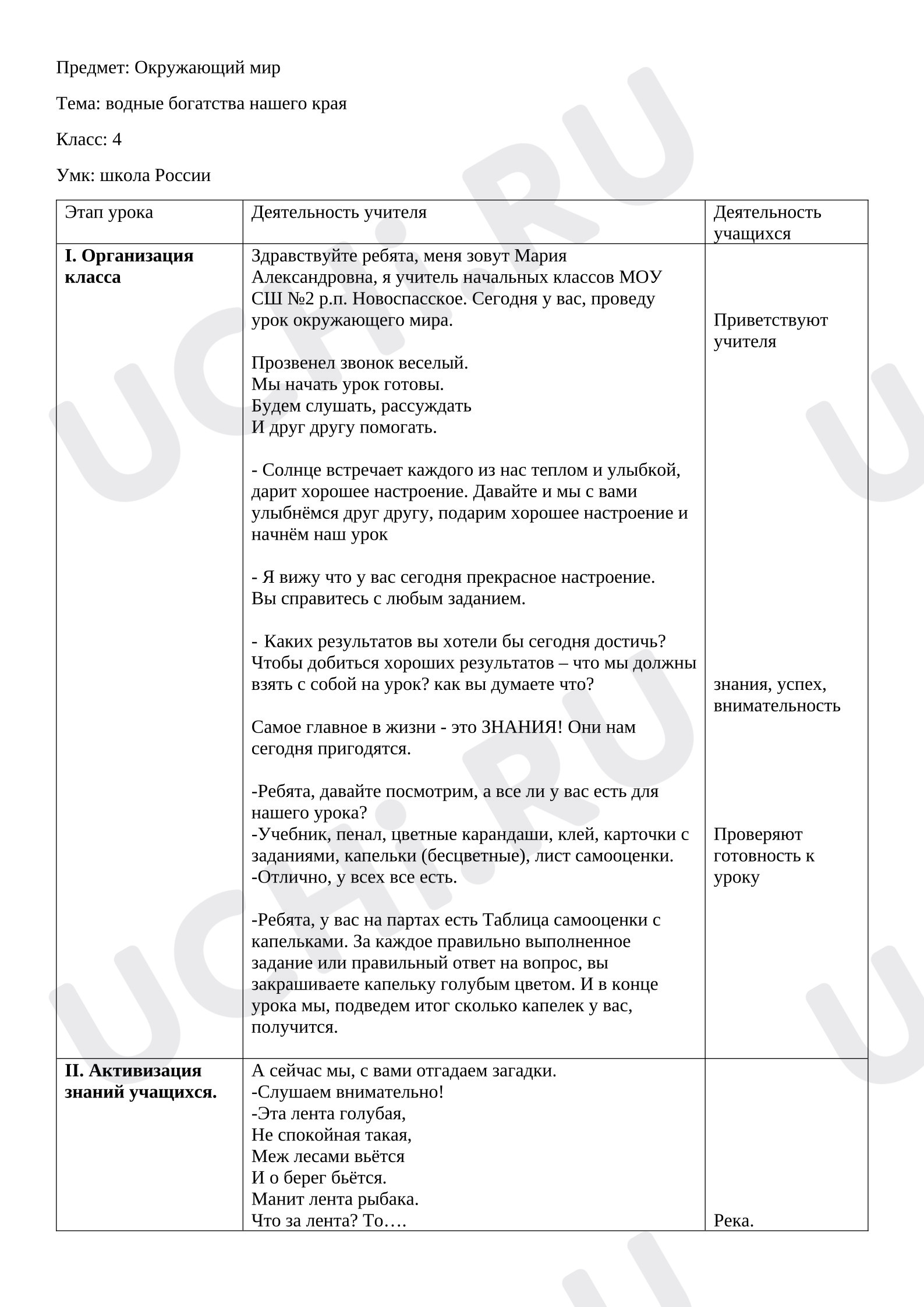 Предпросмотр материала План урока окружающего мира. Водные богатства.