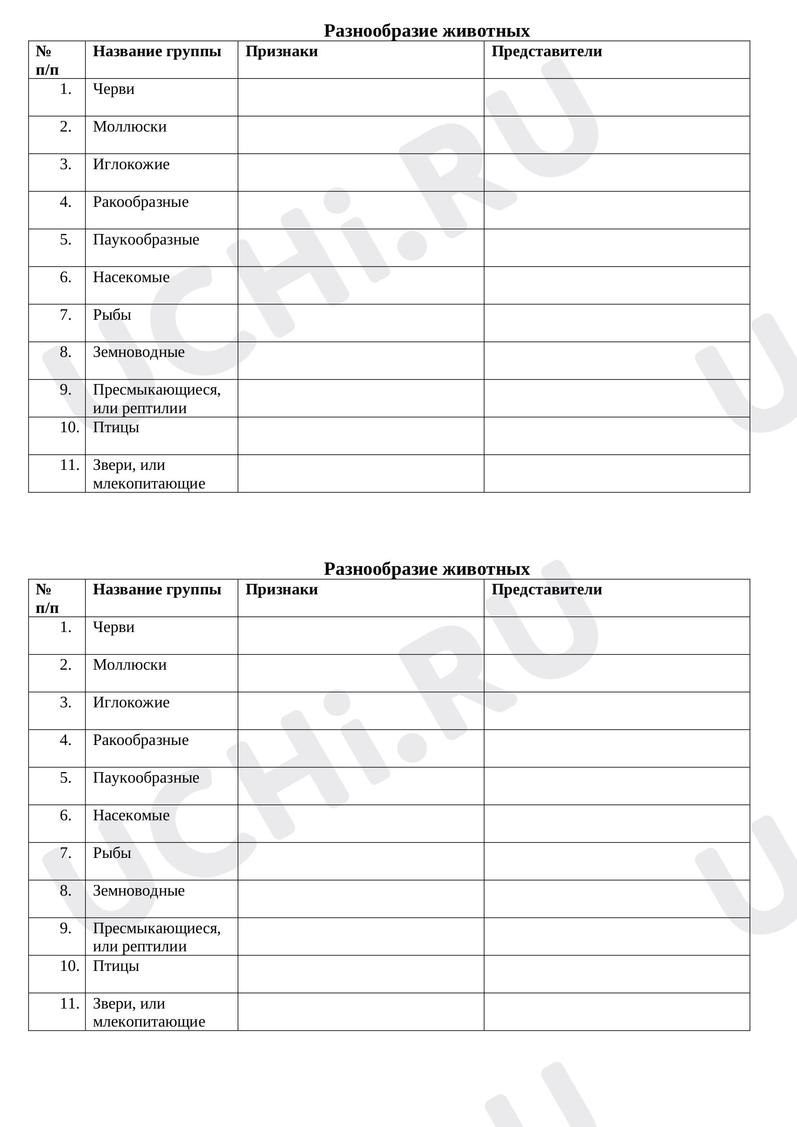 Предпросмотр материала Рабочий лист к уроку окружающего мира по теме: Таблица по теме "Разнообразие животных"