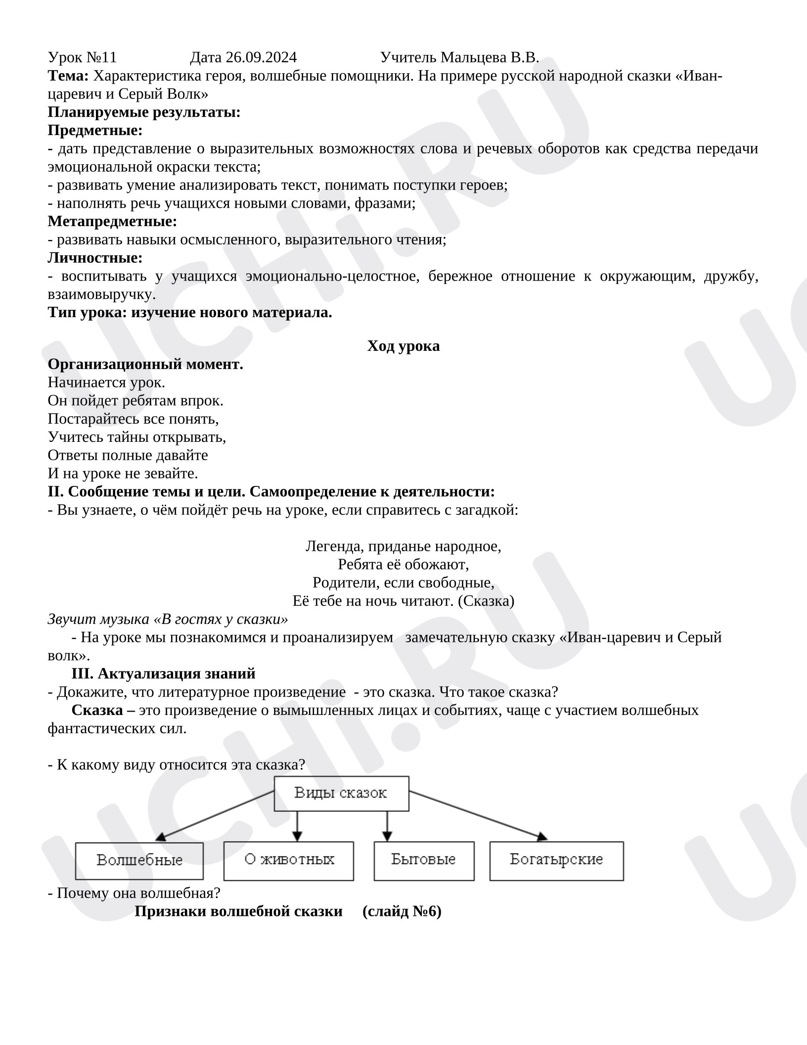 Предпросмотр материала План урока литературного чтения. Сказка Иван Царевич и Серый Волк