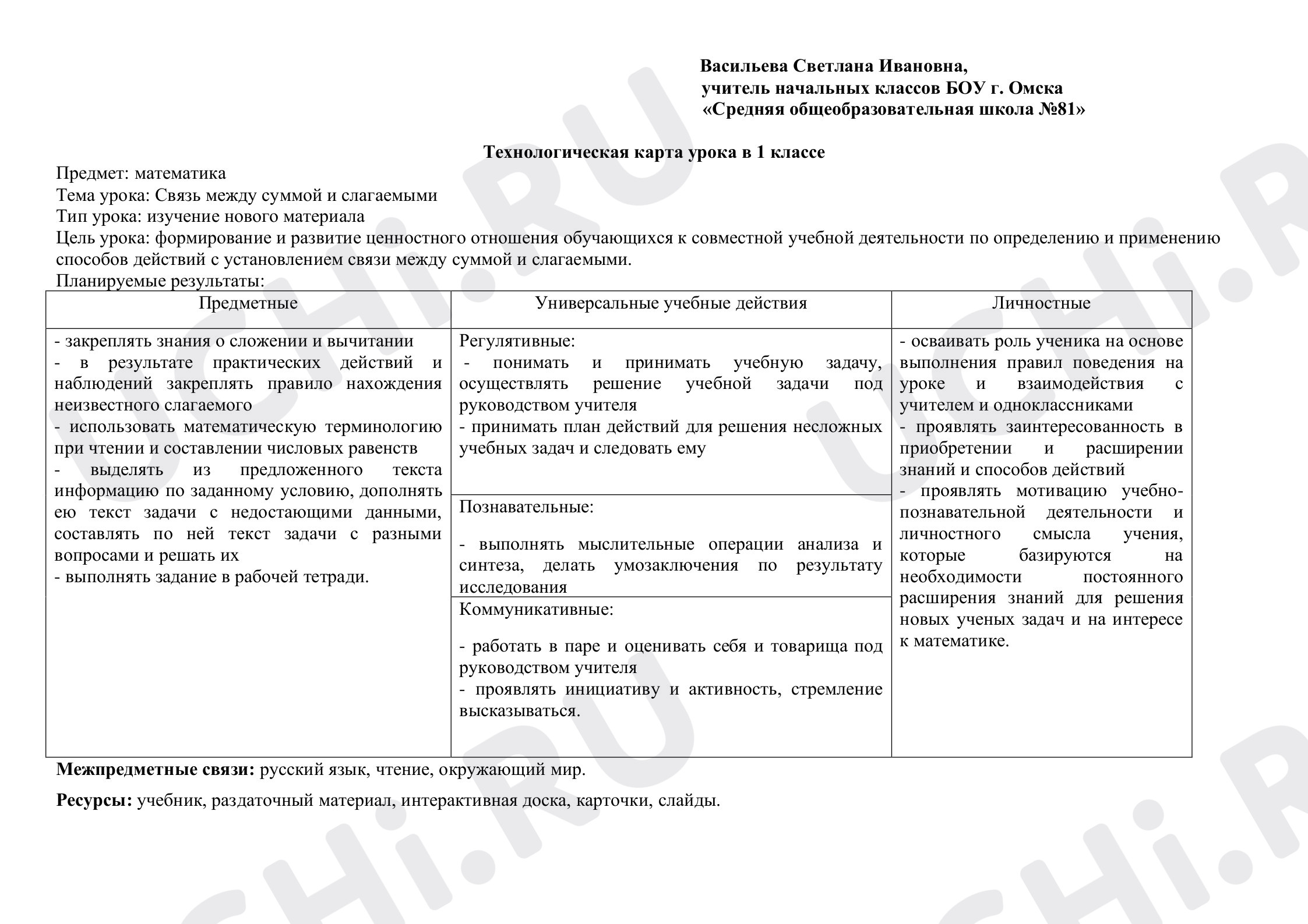 Предпросмотр материала Конспект урока математики по теме: Связь между суммой и слагаемыми
