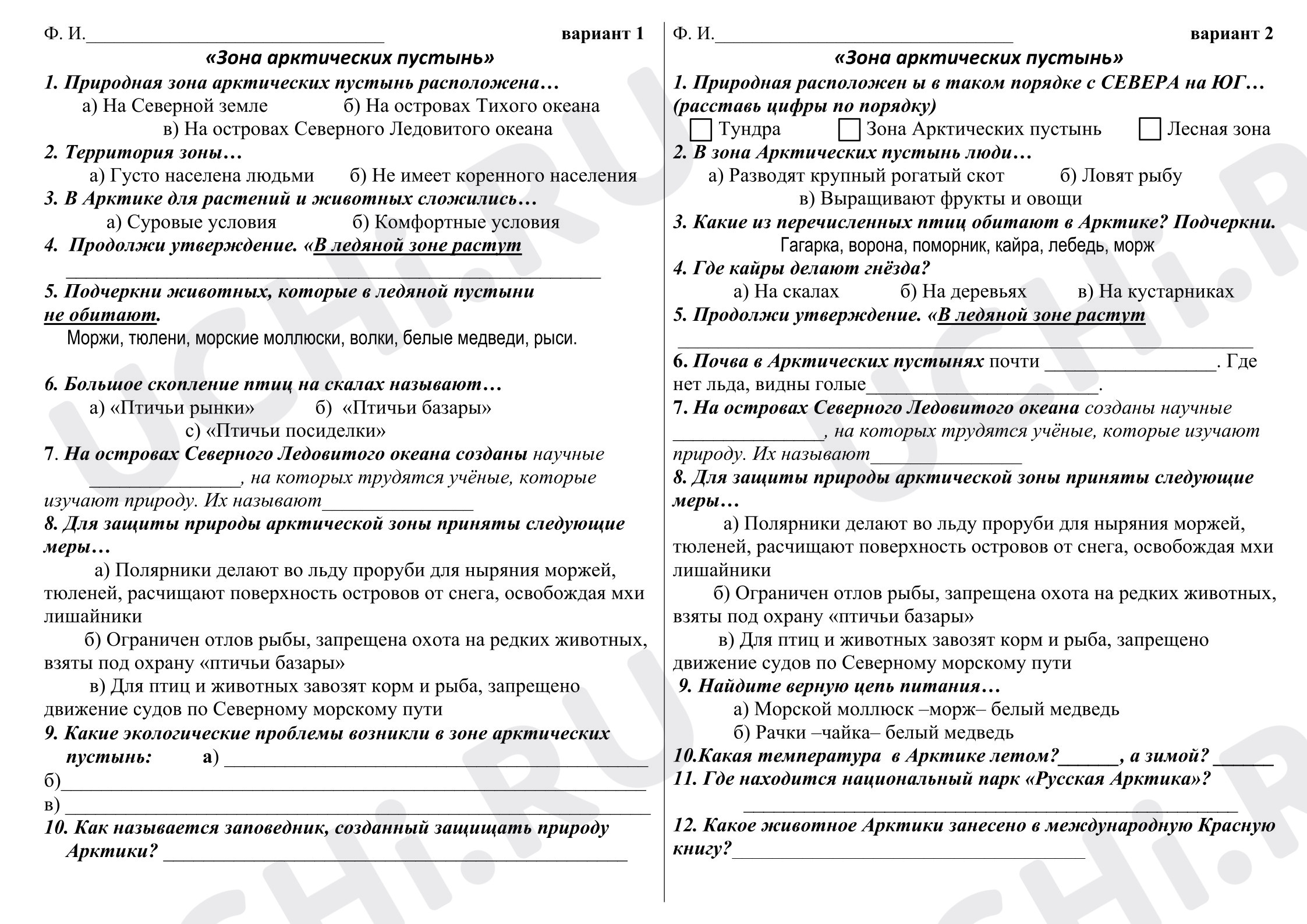 Предпросмотр материала Проверочная работа к уроку окружающего мира Зона арктических пустынь.
