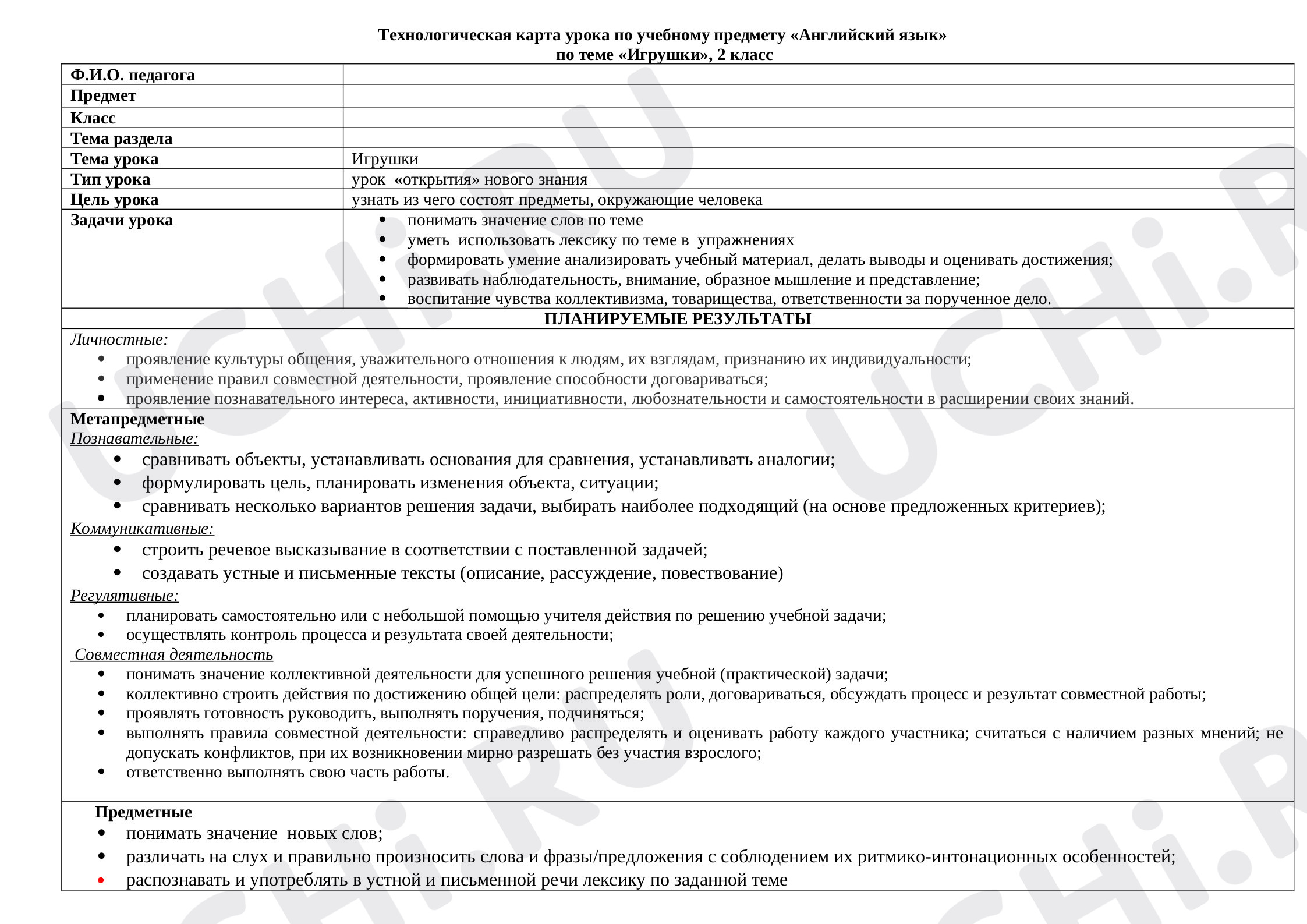 Предпросмотр материала Технологическая карта урока по учебному предмету «Английский язык»  по теме «Игрушки», 2 класс