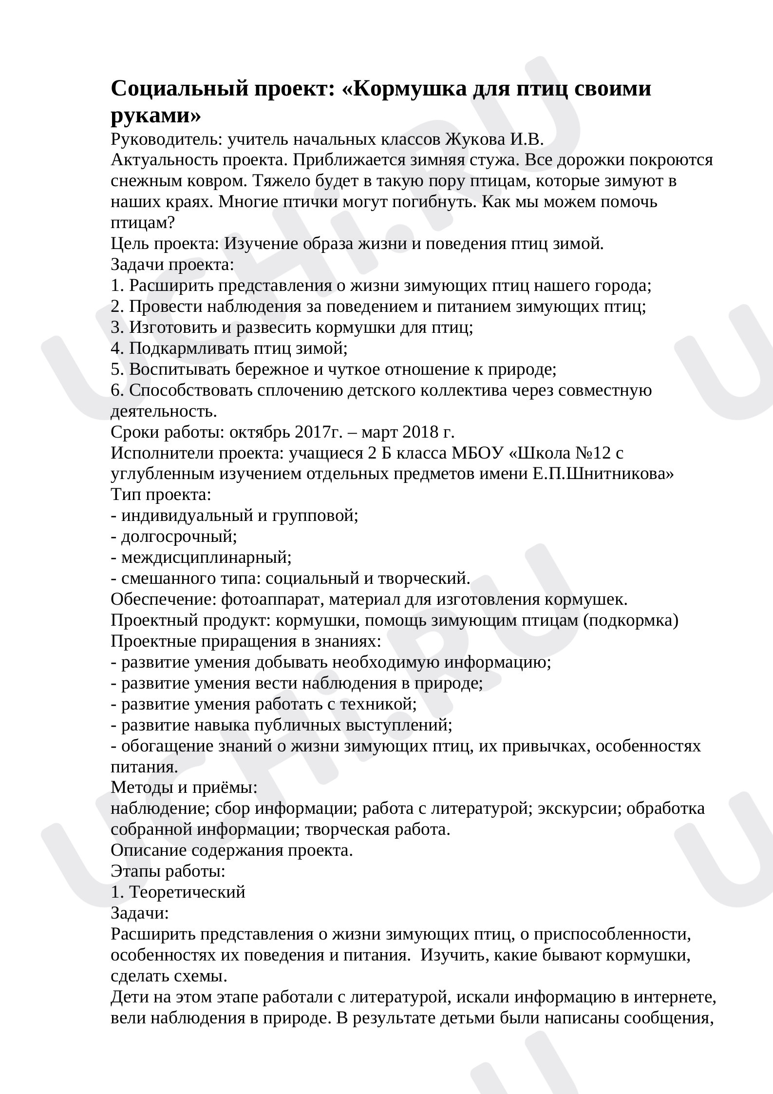 Предпросмотр материала Классный час. Проект Кормушка для птиц своими руками.