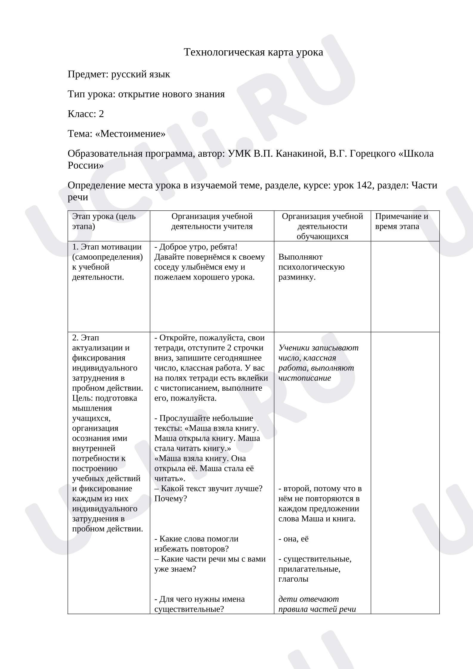 Предпросмотр материала Технологическая карта урока русского языка на тему "Местоимение"
