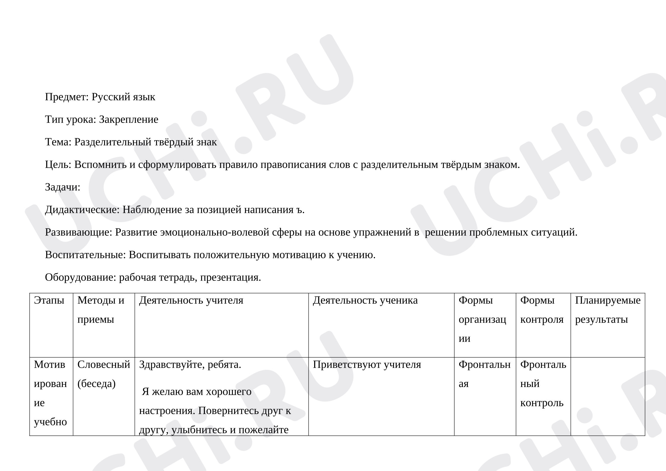 Предпросмотр материала План урока по русскому языку. Разделительный ъ.