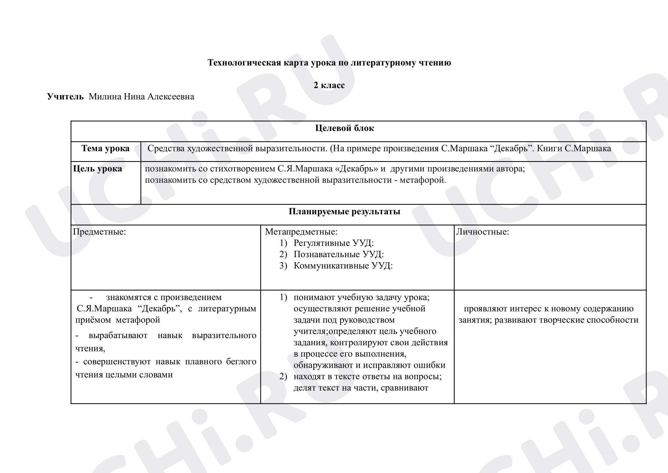 Предпросмотр материала Технологическая карта урока по теме «Средства художественной выразительности на примере стихотворения С. Маршака «Декабрь».
