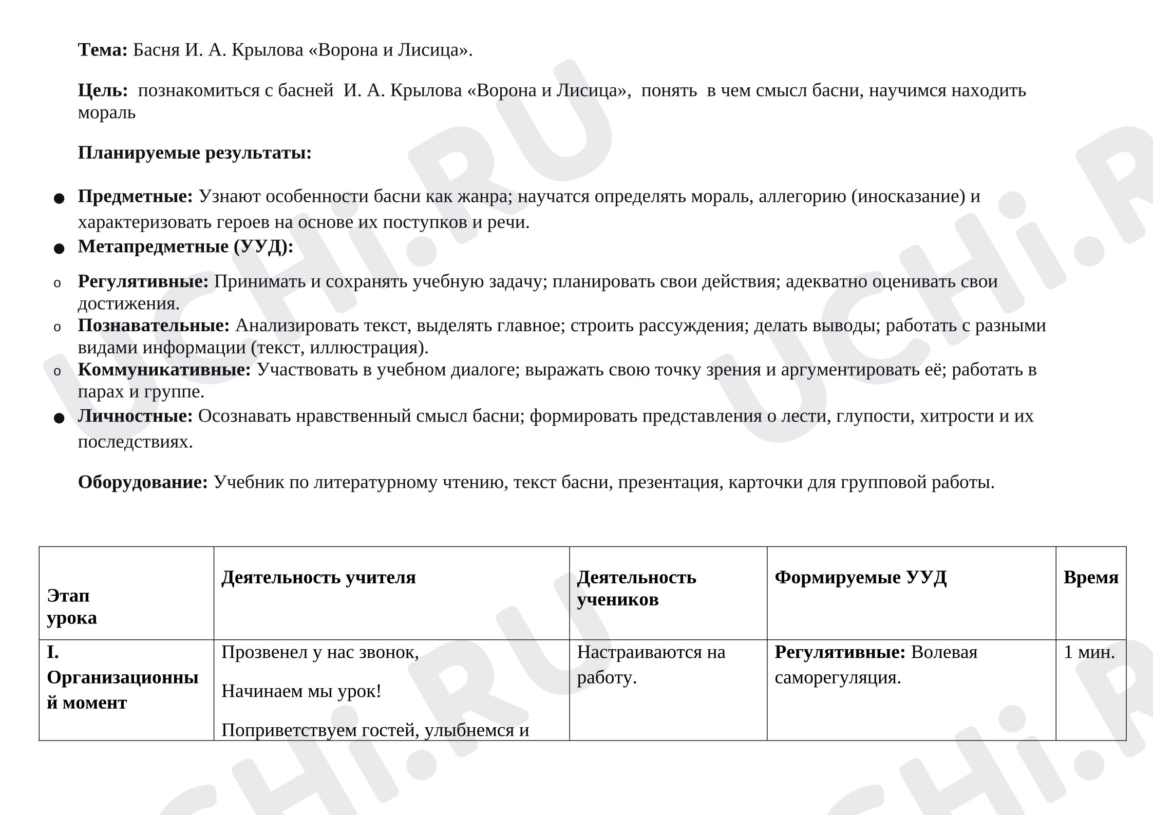 Предпросмотр материала План урока литературного чтения Басня И.А. Крылова «Ворона и Лисица»