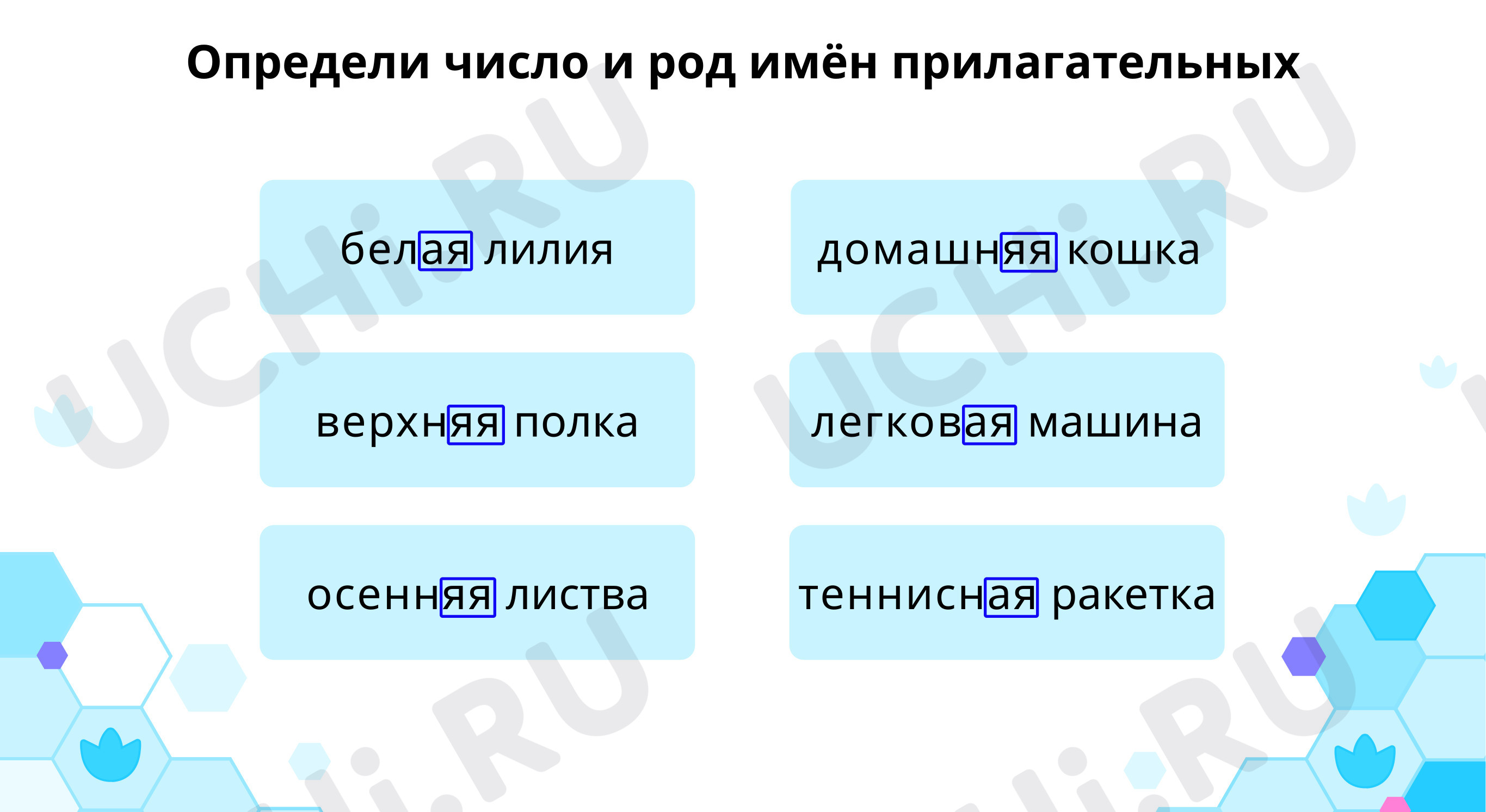 Склонение имен прилагательных женского рода, распечатка. Базовый уровень,  русский язык 4 класс: Склонение имён прилагательных женского рода | Учи.ру