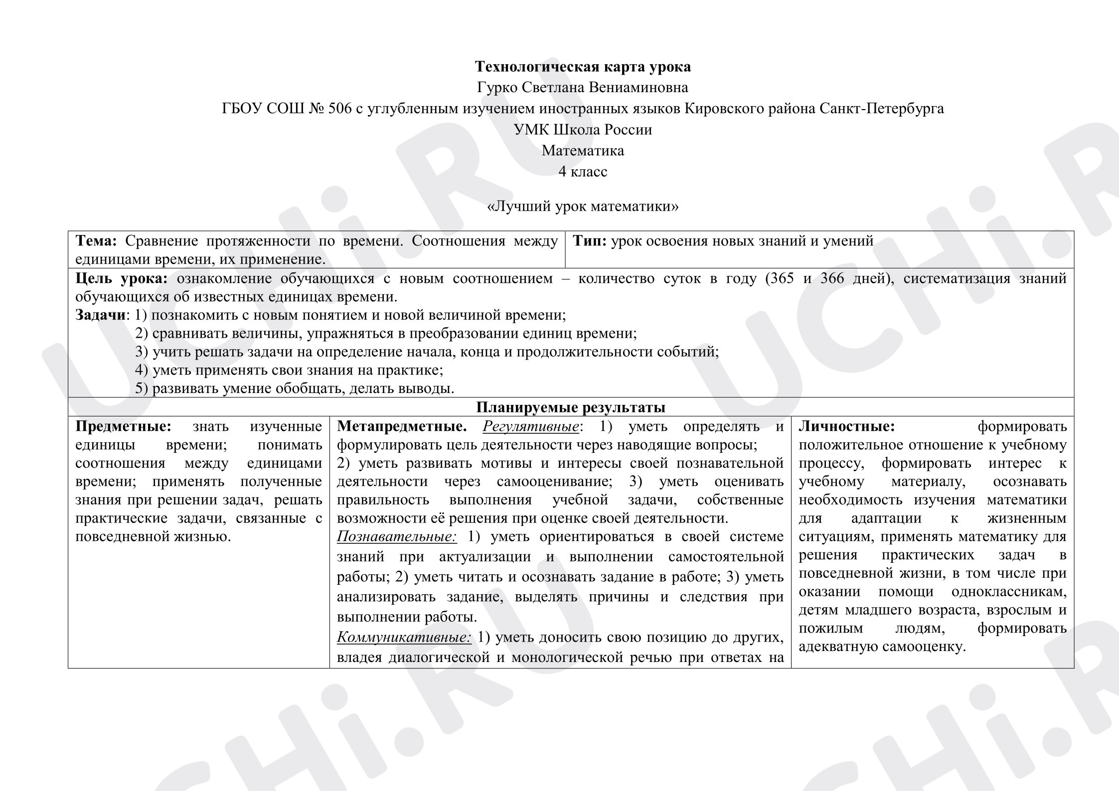 Предпросмотр материала Технологическая карта урока математики. Тема: Сравнение протяженности по времени. Соотношения между единицами времени, их применение.