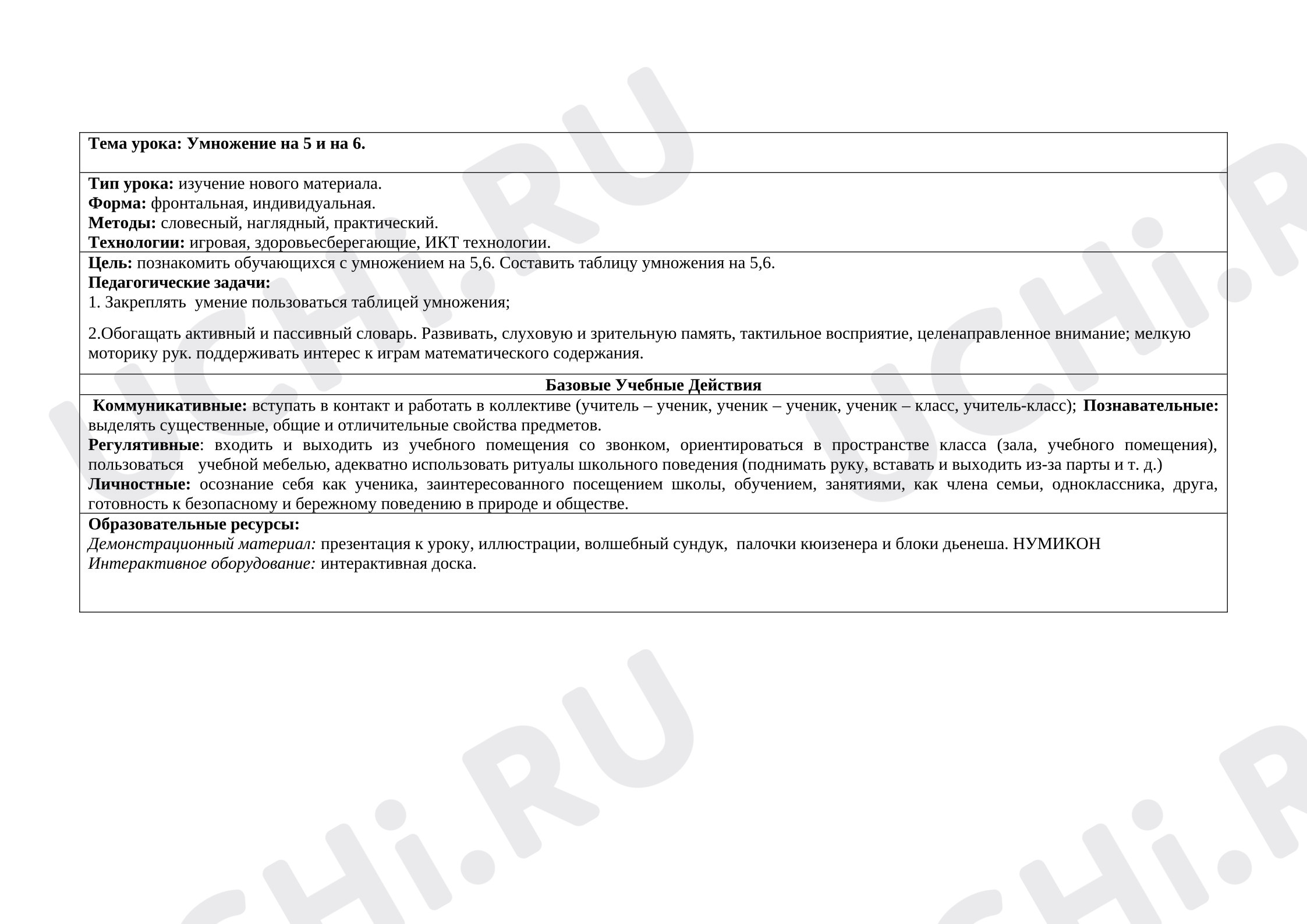 Предпросмотр материала Открытый урок по математике. Умножение на 5, 6