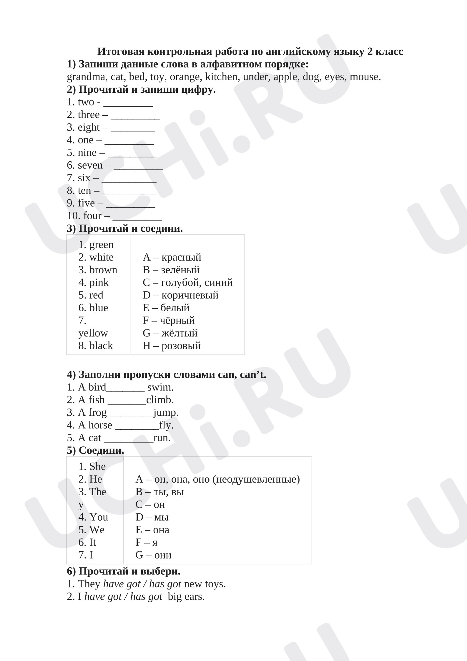 Предпросмотр материала Английский язык. Итоговая контрольная работа по английскому языку 2 класс