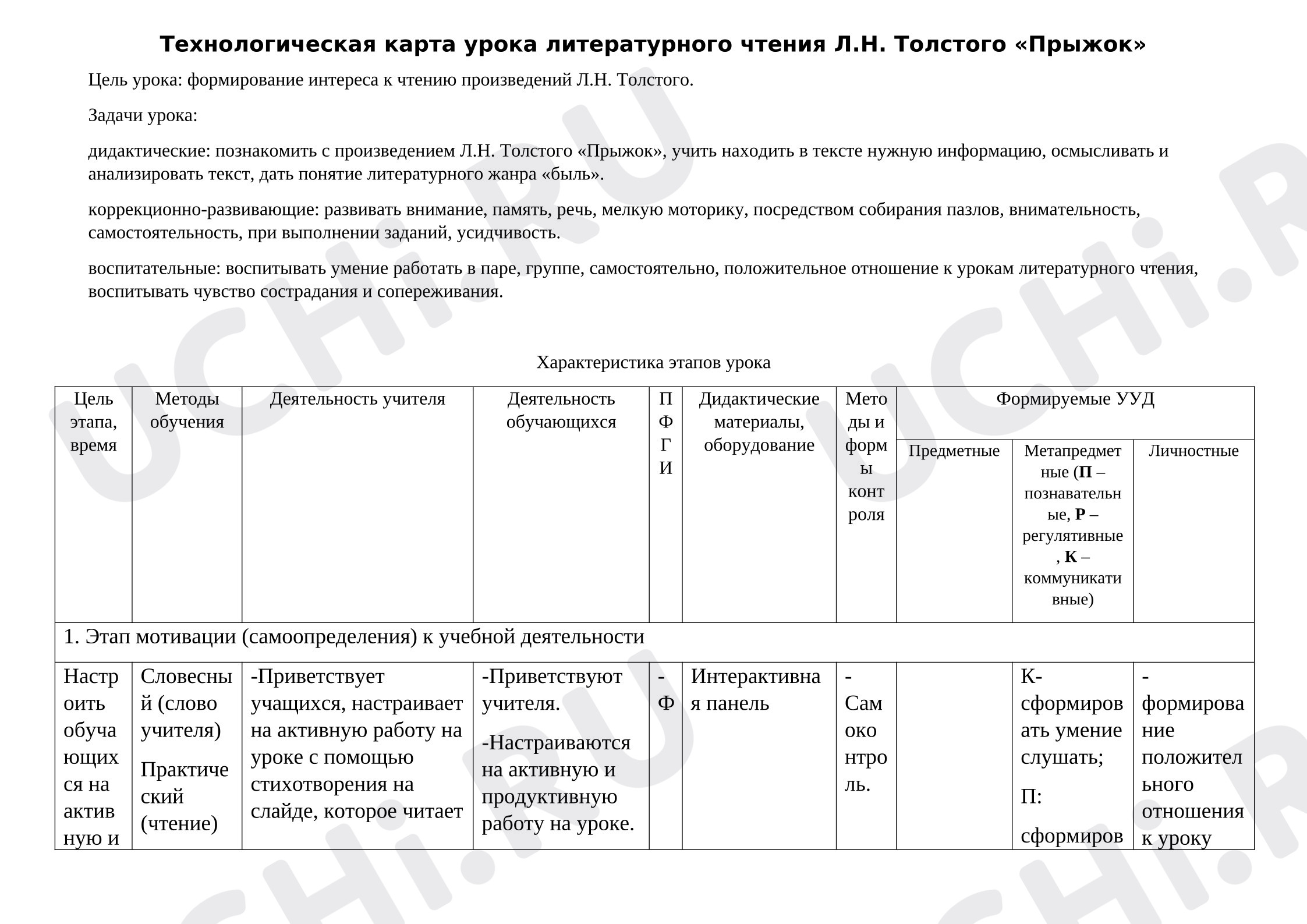 Предпросмотр материала Технологическая карта урока литературного чтения «Л.Н. Толстой "Прыжок».