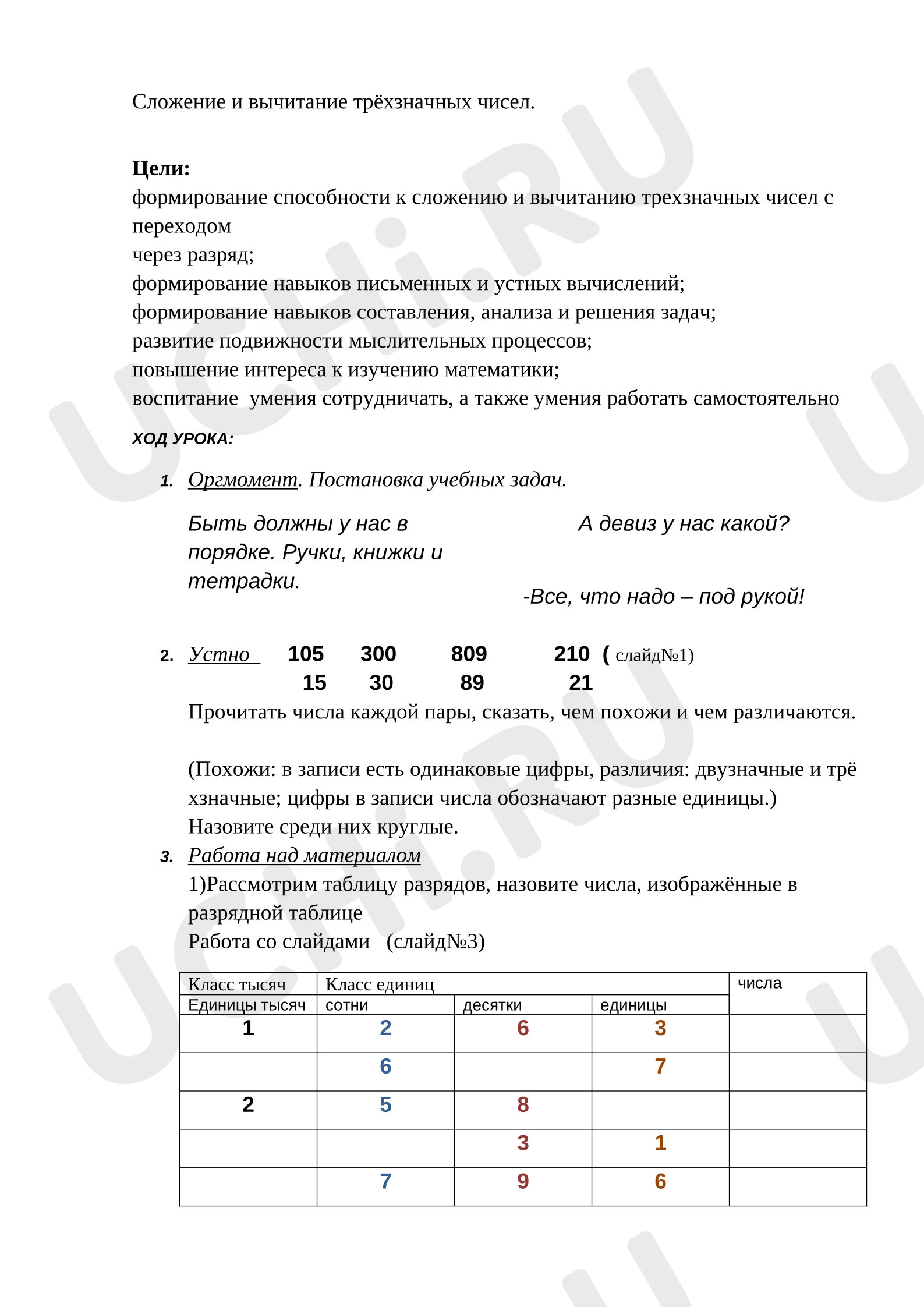 Предпросмотр материала Конспект урока "Сложение и вычитание трёхзначных чисел".