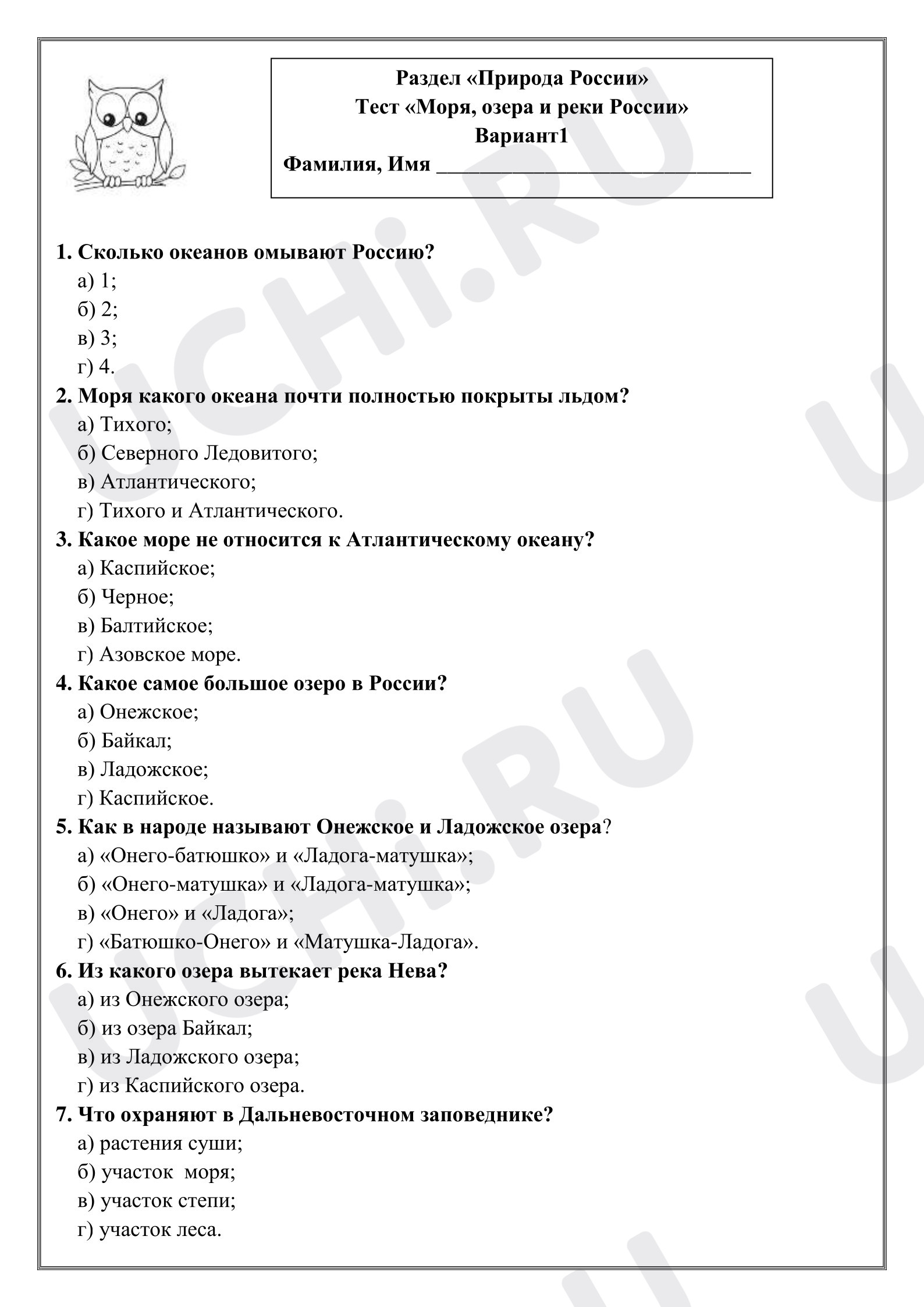 Предпросмотр материала Проверочная работа к уроку окружающего мира. Тест «Моря, озера и реки России».