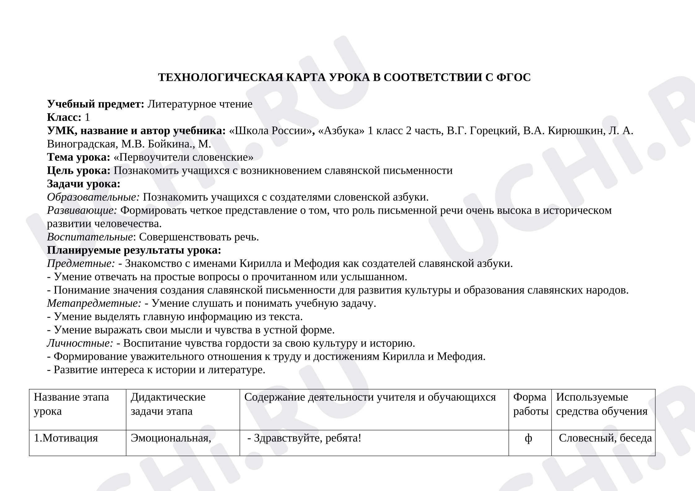 Предпросмотр материала План урока обучения грамоте. Первоучители словенские