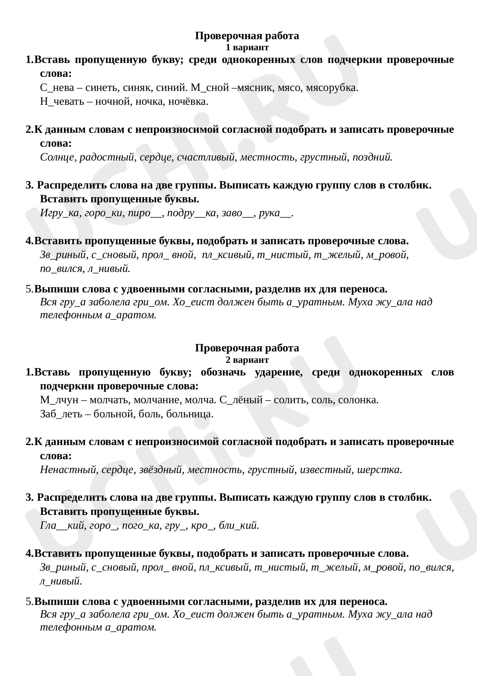 Предпросмотр материала Проверочная работа по русскому языку по теме «Правописание слов с орфограммами в корне».