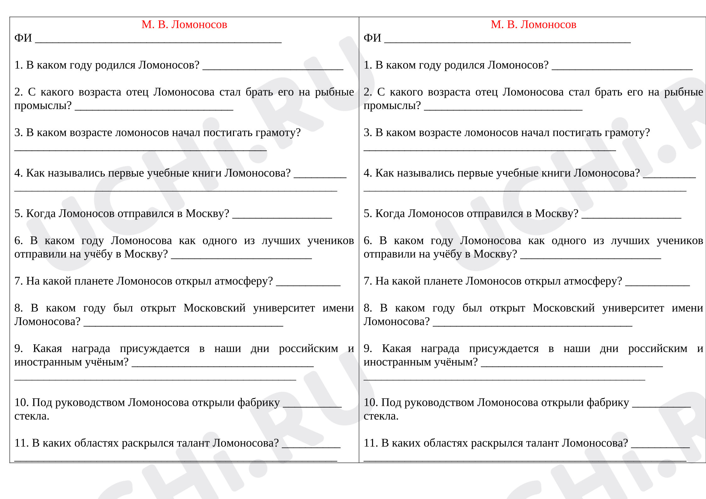 Предпросмотр материала Проверочная работа. Окружающий мир. Ломоносов.
