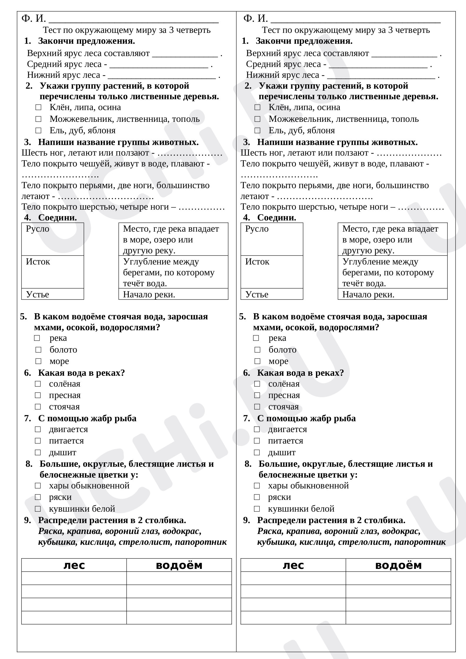 Проверочная работа по окружающему миру. 2 класс, 3 четверть. 