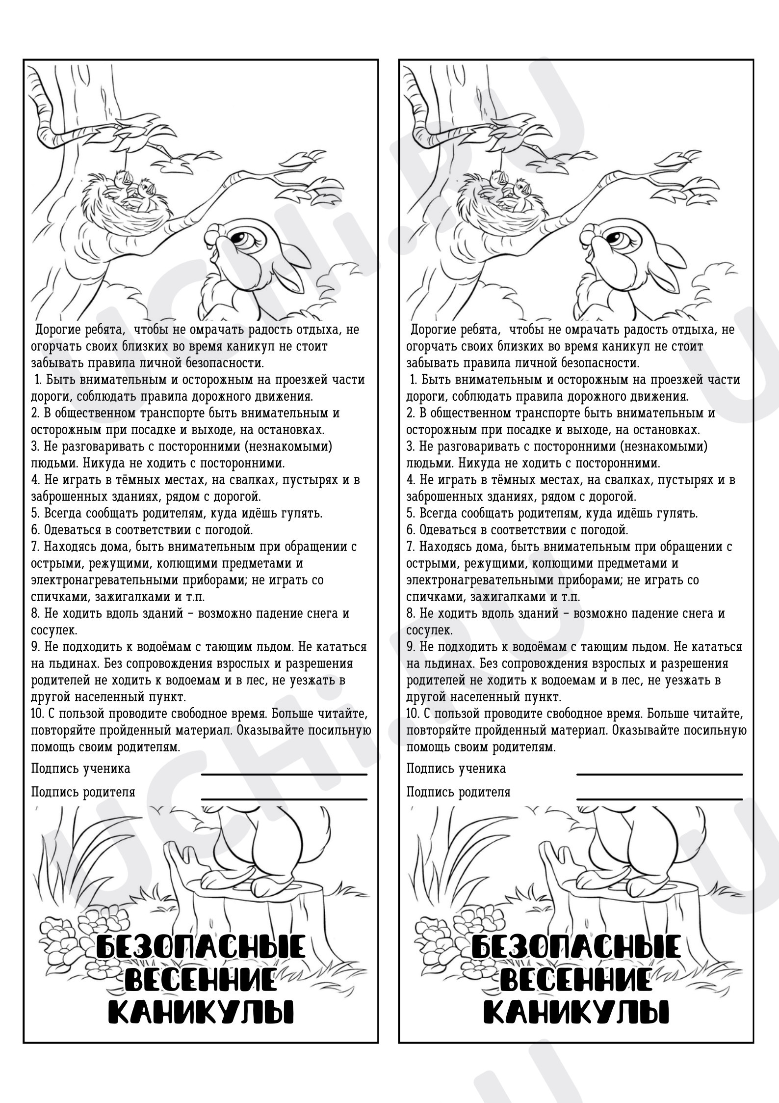 Предпросмотр материала Памятка "Безопасные весенние каникулы".