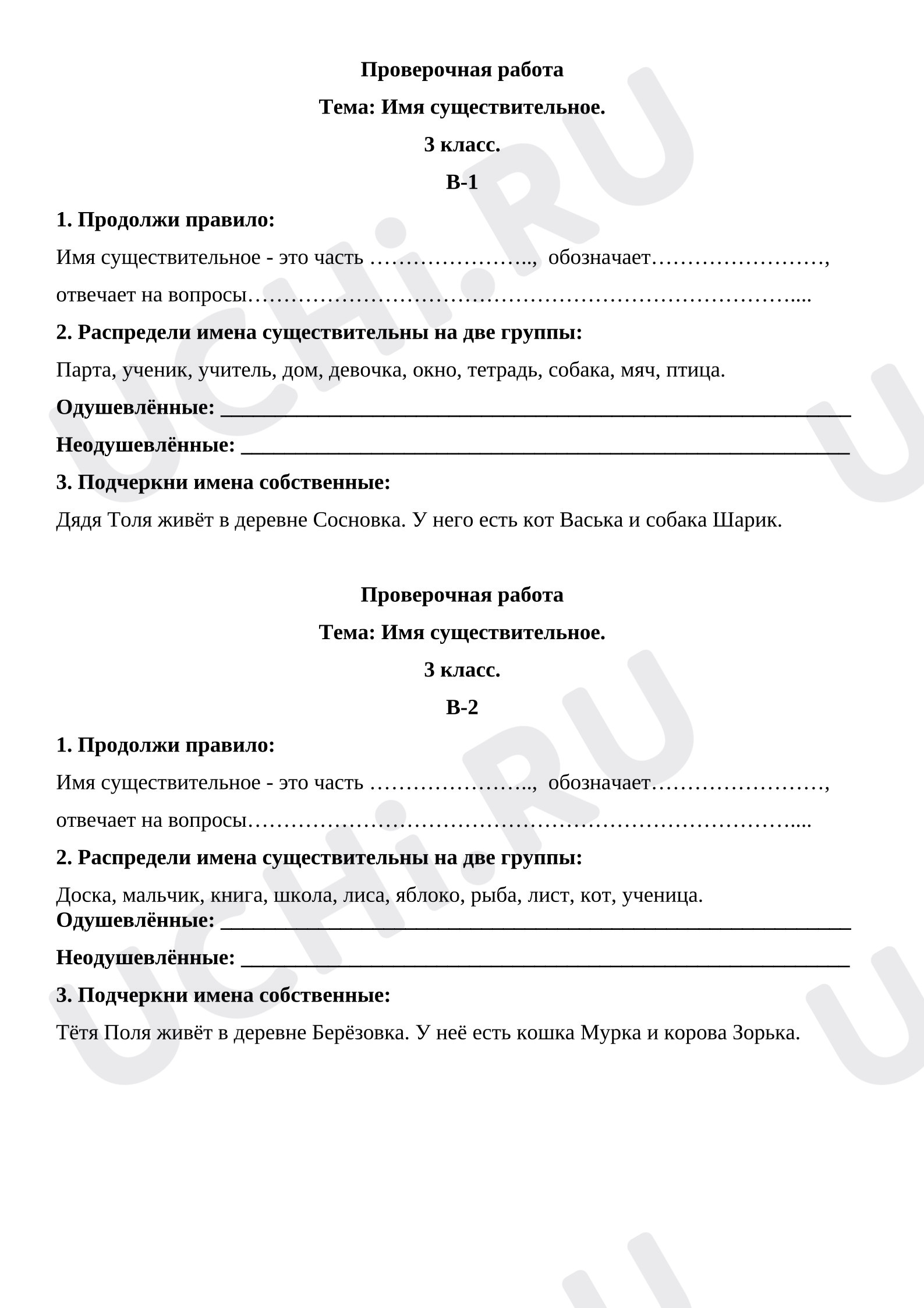 Предпросмотр материала Проверочная работа к уроку русского языка. Имя существительное.