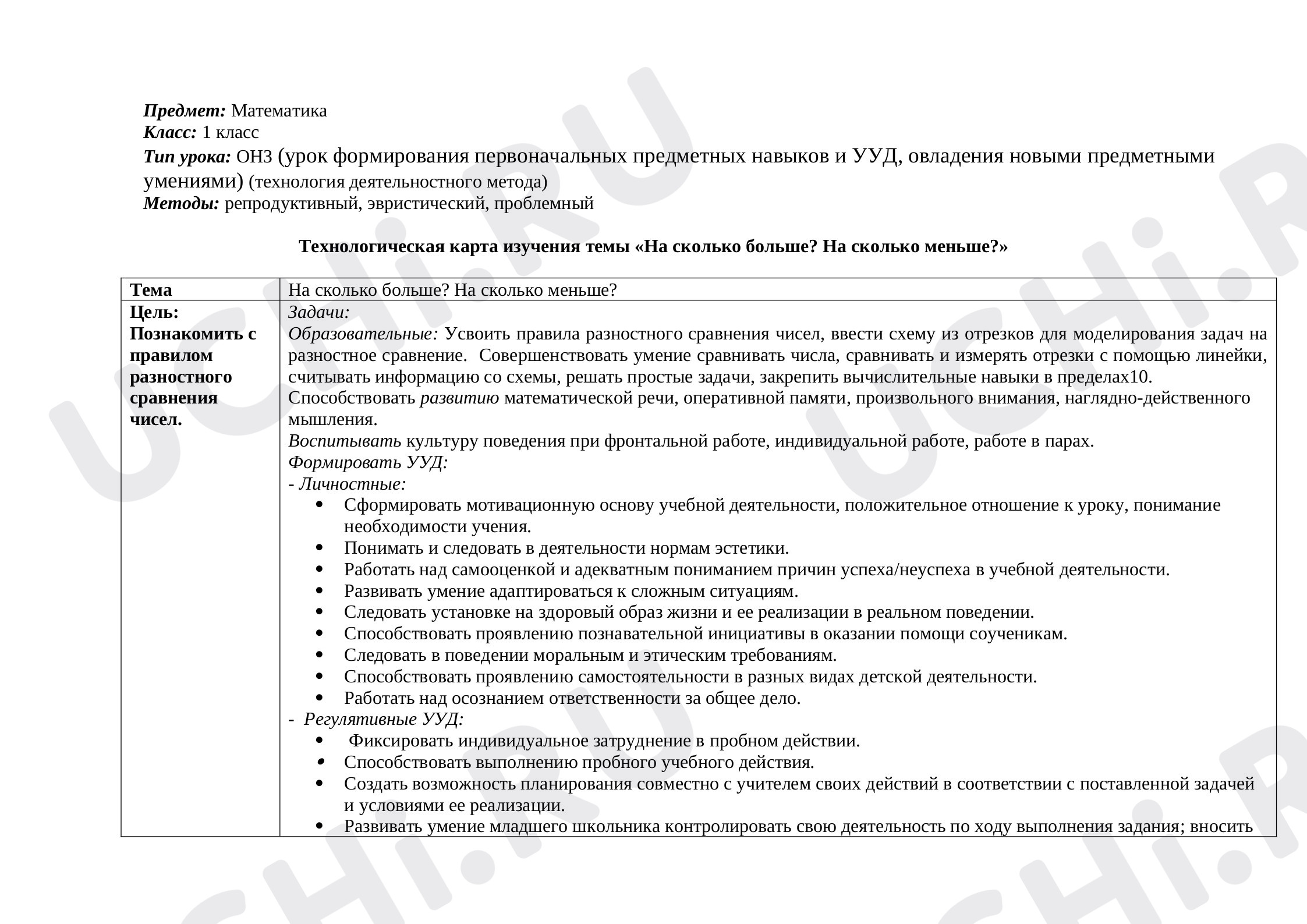 Предпросмотр материала Технологическая карта по математике 1 класс На сколько больше, меньше.