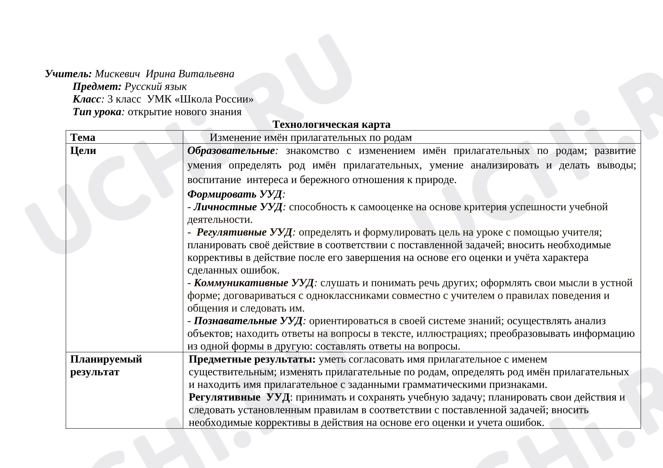 Предпросмотр материала План урока русского языка. Тема урока: Изменение имён прилагательных по родам.