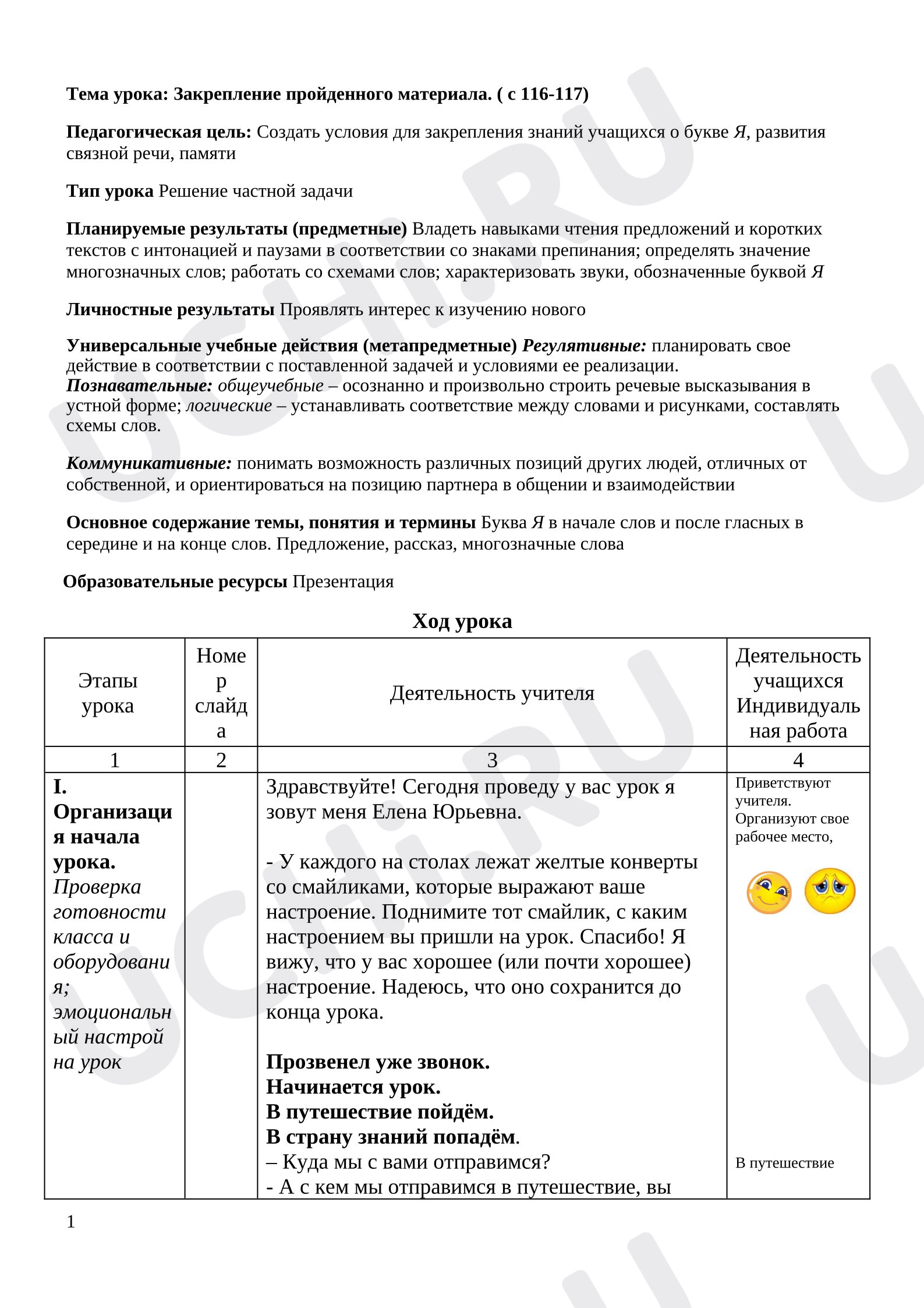 Предпросмотр материала План урока обучения грамоте. Закрепление пройденного материала Буква Я я