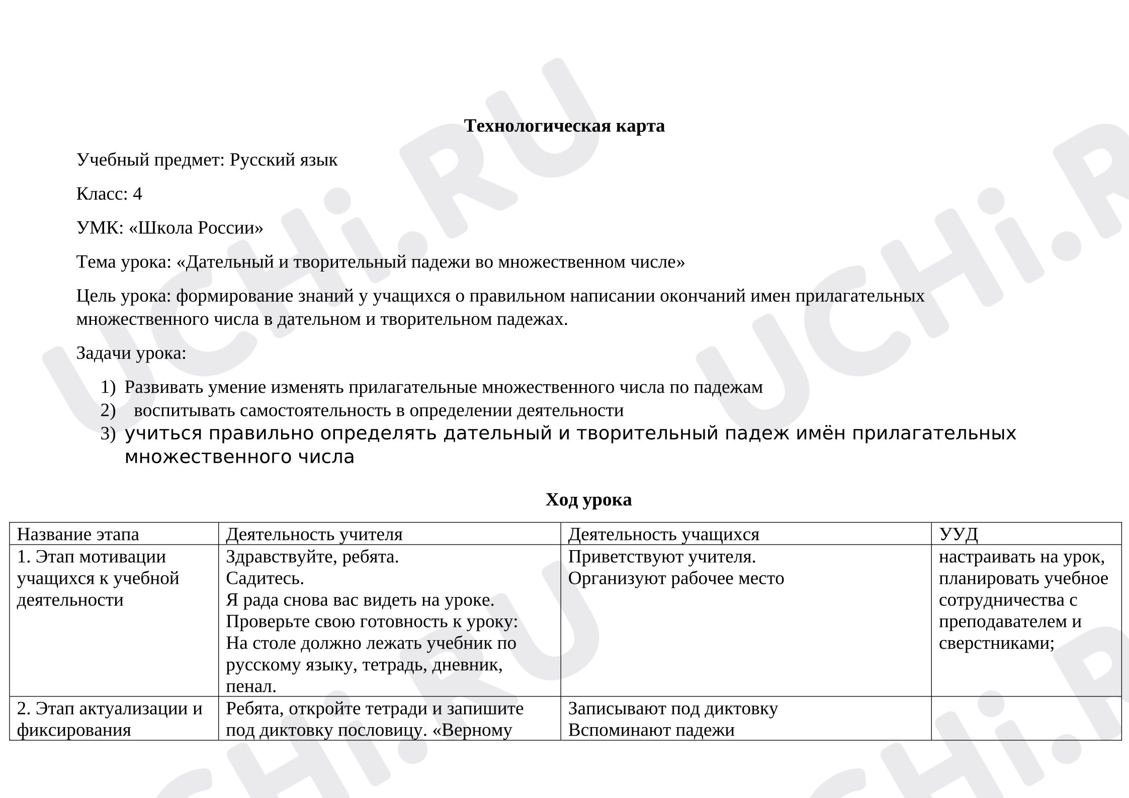 Предпросмотр материала Технологическая карта урока русского языка. Дательный и творительный падежи во множественном числе.