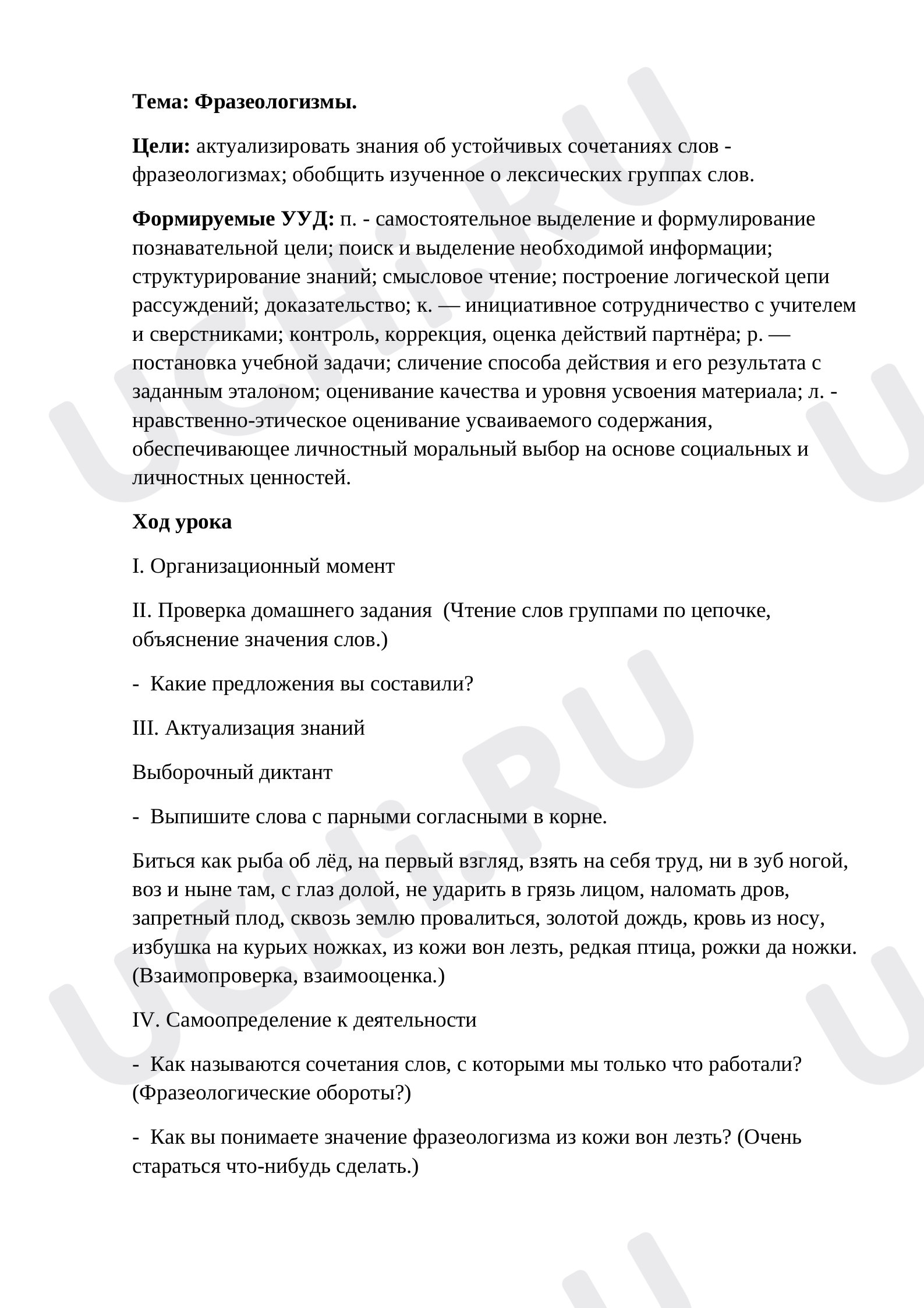 Предпросмотр материала Конспект урока русского языка по теме: Фразеологизмы