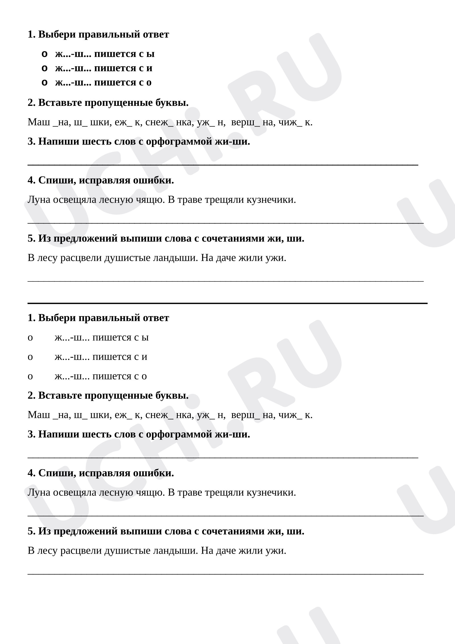 Предпросмотр материала Самостоятельная работа к уроку русского языка. Буквосочетания жи ши.