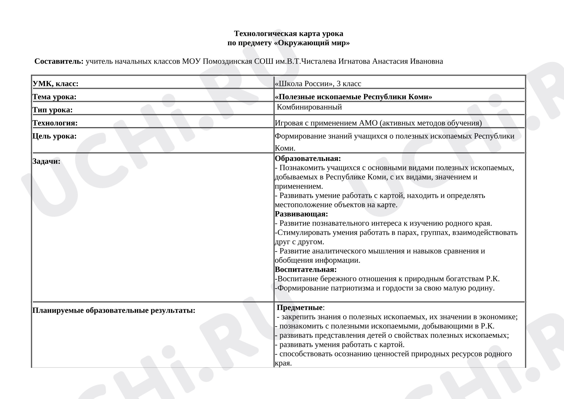 Предпросмотр материала Технологическая карта урока по теме Природные ископаемые Республики Коми
