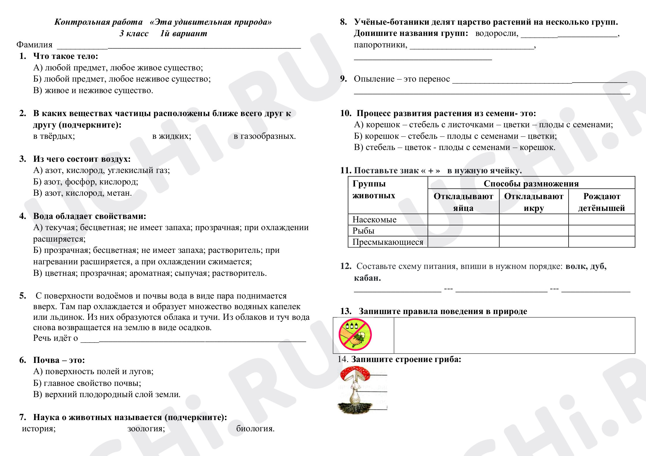 Предпросмотр материала Контрольная работа по окружающему миру за 1 полугодие.